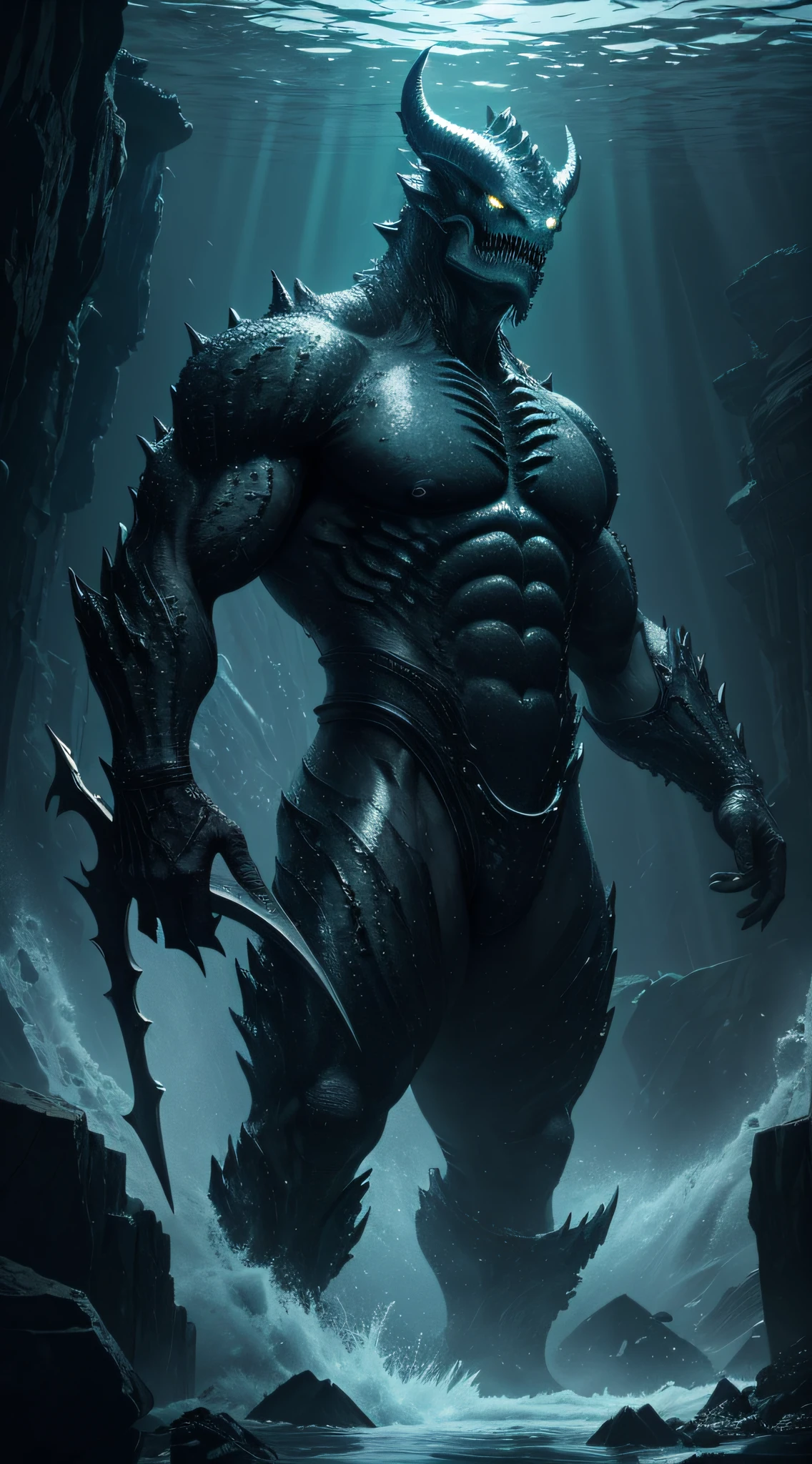 Leviathan:best quality,4k,8k,highres,masterpiece:1.2,ultra-detailed,realistic:1.37,(dark grey),underwater,ominous creature,(giant, colossal,size),deep sea,seaweed,(striking sharp teeth, large sharp teeth),scales,monster,(sinister glowing eyes, piercing glowing eyes),powerful tail,dark abyss,mythical,creature of the deep,imposing presence,ethereal,water currents,depths,(fierce, aggressive posture),(intense, dramatic lighting),mysterious,thick fog,ancient ruins,(majestic, awe-inspiring),silent hunter,submerged world,(glimmering, shimmering scales).
Be aware of:This is just an example tip,You can determine the detailed prompt content based on creativity。