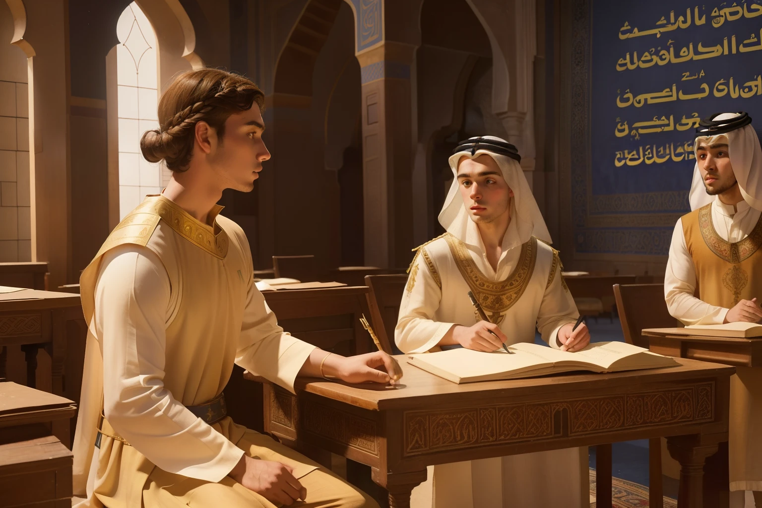 Year: 11th century. Location: Isfahan. Pre-raphaelite scene with a 21-year-old english man, assisting a university class in an anfitheatre, ((look of wonder)) (confusion), ((((11th century plain arab tunic)))) ((11th century hairstyle)), (((cinematic style)))