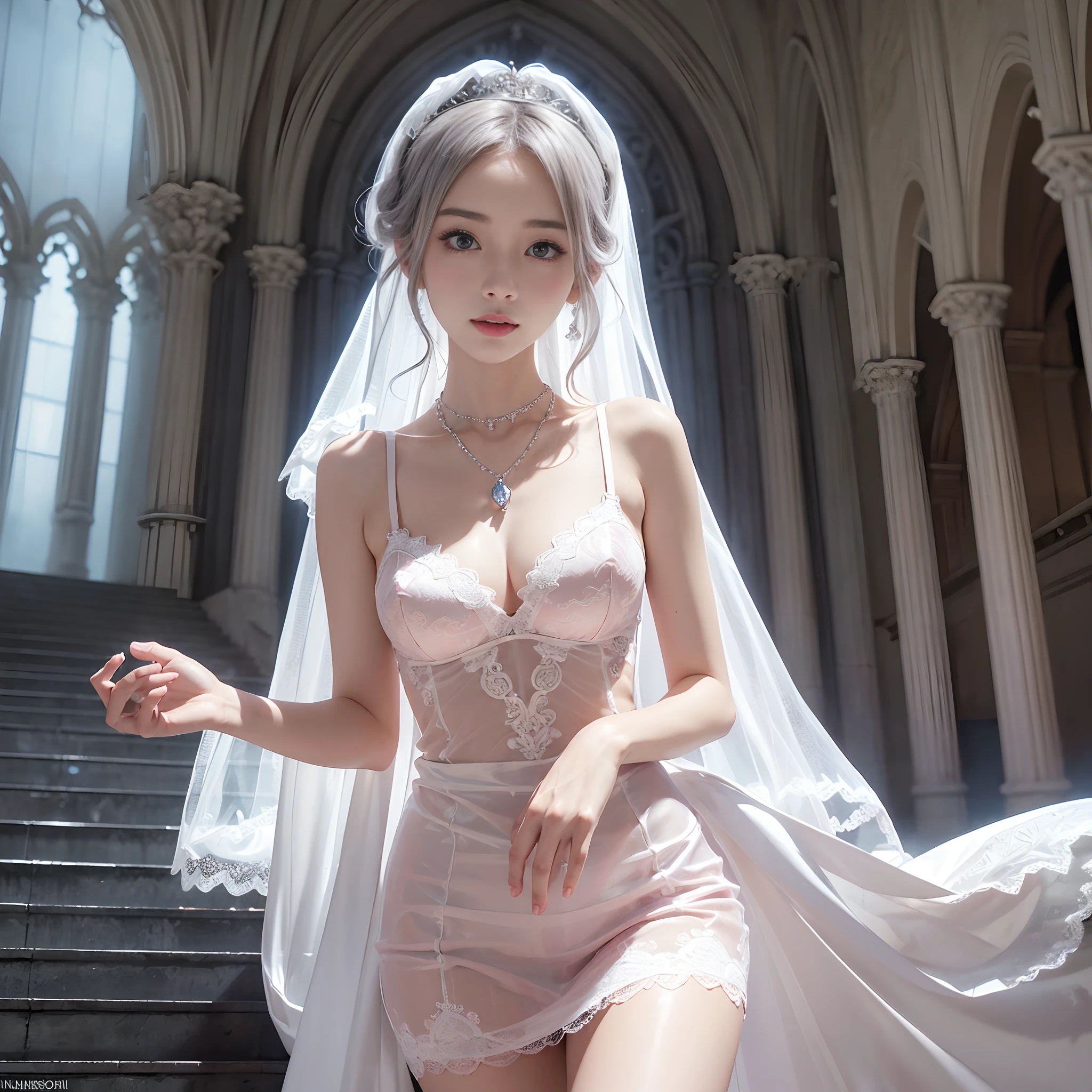 (((nffsw))), (((masutepiece))), (((8K))), (((hight resolution))), (((surrealism))), (((Cinematic lighting))), god rays, Zoom Layer, (((FULL BODYSHOT))), F/4.0, canon, Shiny skin,Detailed skin,Detailed face, Detailed eyes, Beautiful Japan bride, No top, Pose in front of a beautiful wedding church, a white veil, Bra exposed upper body, Light pink lace bra, White wedding dress with miniskirt exclusively for the lower body, tiny chest , silver earing, Diamond necklace, Mystical sight, confeti, sunny sky, Church stairs