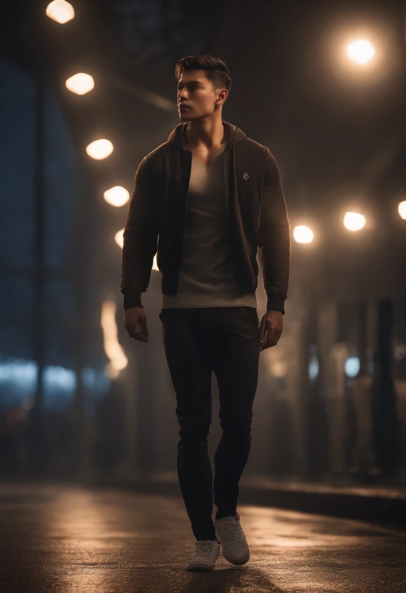 8k, masterpiece, best quality, photorealistic, highly detailed CG unity 8k wallpaper, depth of field, cinematic light, lens flare, ray tracing, (extremely beautiful and charismatic face, beautiful lips, beautiful eyes), intricately detailed face, (ultra detailed skin), 1 man, in nature, in deep shadows, beautiful European male, kpop idol, 1 male, (very strong and muscular body:1.3), (looking at audience), (great determined look) :1.3), (sleeveless), (fashion city night, dark night, neon signs, blurred background), black hoodie
