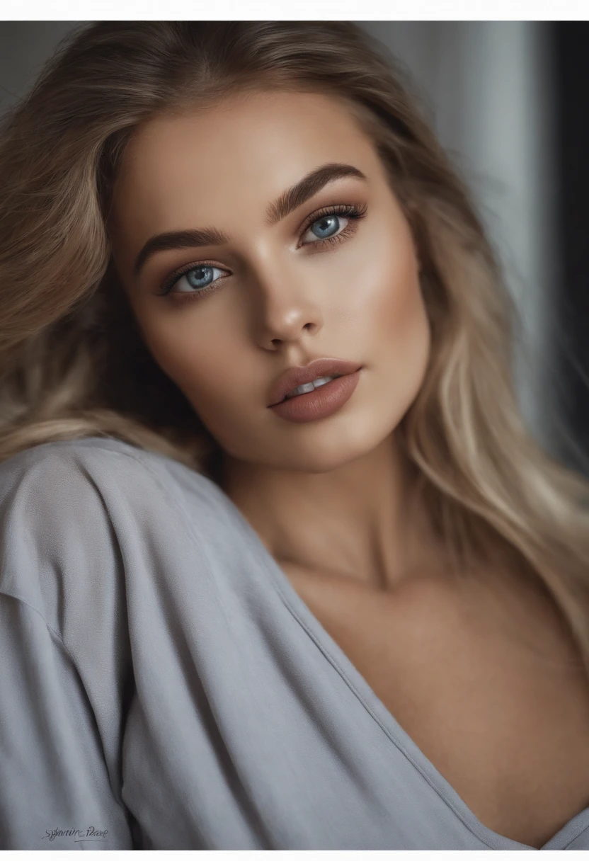 Arafed woman completely , fille sexy aux yeux bleus, ultra realist, Meticulously detailed, Portrait Sophie Mudd, cheveux blonds et grands yeux, selfie of a young woman, Yeux de chambre, Violet Myers, sans maquillage, maquillage naturel, looking straight at camera, Visage avec Artgram, Maquillage subtil, Great photo of the whole body kneeling on the bed, dans la chambre, Medium to large bust