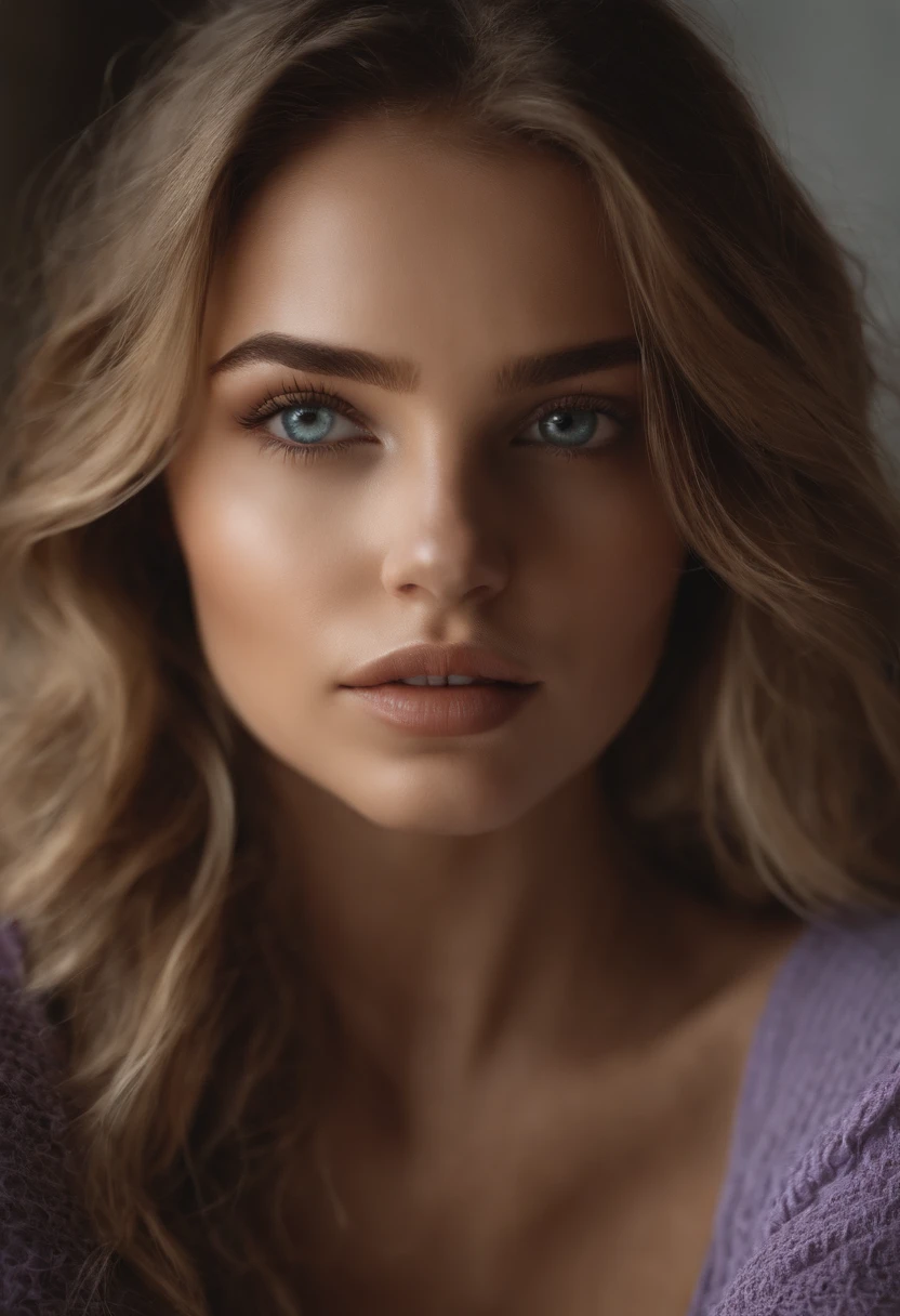 Arafed woman completely , fille sexy aux yeux bleus, ultra realist, Meticulously detailed, Portrait Sophie Mudd, cheveux blonds et grands yeux, selfie of a young woman, Yeux de chambre, Violet Myers, sans maquillage, maquillage naturel, looking straight at camera, Visage avec Artgram, Maquillage subtil, Great photo of the whole body kneeling on the bed, dans la chambre, Medium to large bust