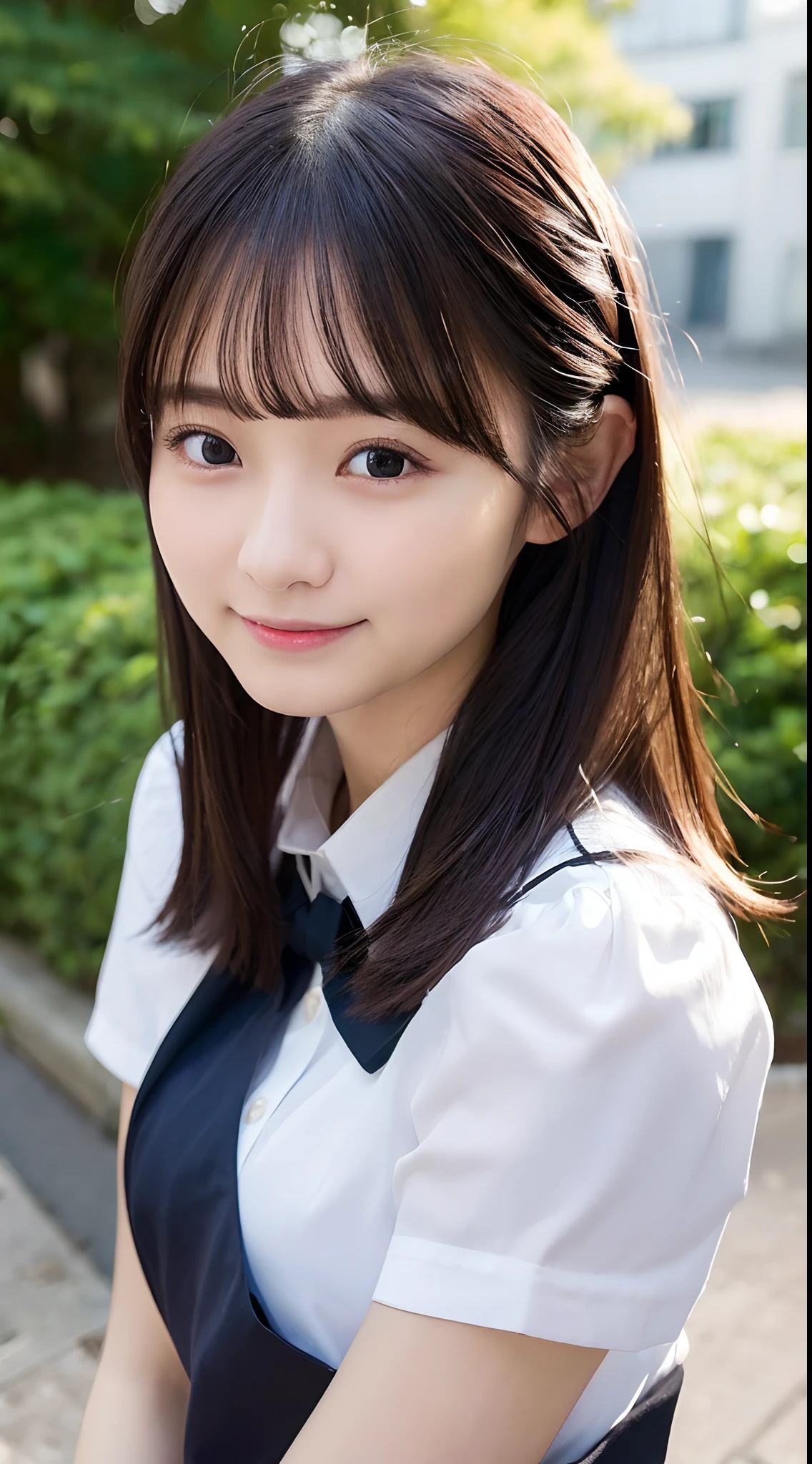 (Best Quality, 8K, 32K, masutepiece, nffsw:1.2),Hyper Detail Hair,Photo of Pretty Japanese girls,1girl in,18year old,japanaese girl,(A dark-haired:1.5),School uniform,White shirt,a bow tie, (directly in front:1.2), evening, sunburst, ((Smile:1.2)),((From shoulder up:1.2)), ((up of face:1.2)),