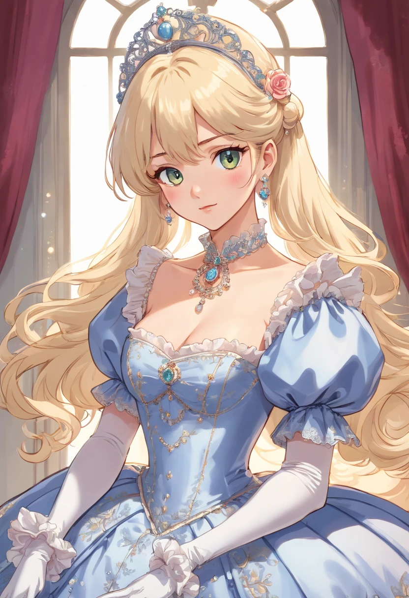 A stunningly beautiful blonde fairytale Princess shining with Royal Pomp and Regal Splendor, wearing a Stately and (((Elaborate))) Royal Cinderella Wedding Dress of Silver and White Brocade, with (((enormous puffed sleeves))) a stiffly boned, padded and corseted bodice, an hourglass waist, a (((huge crinoline hoopskirt))) and (((bustle))), adorned with ribbons, bows, roses, lace, ruffles, frills, embroidery, and jewels, elaborately curled and styled hair, long white gloves, pearl and diamond necklace and earrings