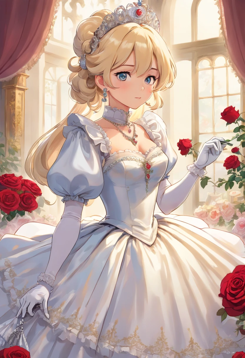 A stunningly beautiful blonde fairytale Princess shining with Royal Pomp and Regal Splendor, wearing a Stately and (((Elaborate))) Royal Cinderella Wedding Dress of Silver and White Brocade, with (((enormous puffed sleeves))) a stiffly boned, padded and corseted bodice, an hourglass waist, a (((huge crinoline hoopskirt))) and (((bustle))), adorned with ribbons, bows, roses, lace, ruffles, frills, embroidery, and jewels, elaborately curled and styled hair, long white gloves, pearl and diamond necklace and earrings