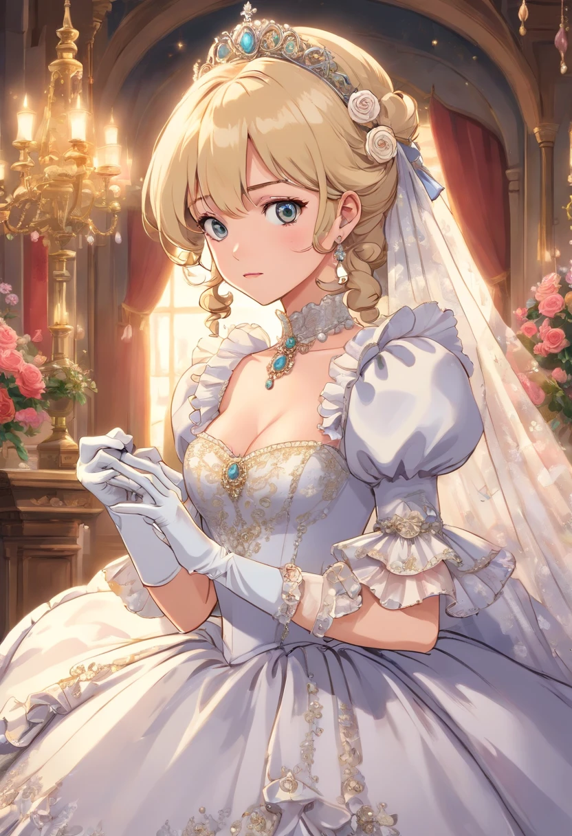 A stunningly beautiful blonde fairytale Princess shining with Royal Pomp and Regal Splendor, wearing a Stately and (((Elaborate))) Royal Cinderella Wedding Dress of Silver and White Brocade, with (((enormous puffed sleeves))) a stiffly boned, padded and corseted bodice, an hourglass waist, a (((huge crinoline hoopskirt))) and (((bustle))), adorned with ribbons, bows, roses, lace, ruffles, frills, embroidery, and jewels, elaborately curled and styled hair, long white gloves, pearl and diamond necklace and earrings