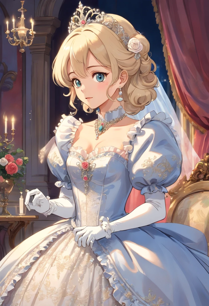 A stunningly beautiful blonde fairytale Princess shining with Royal Pomp and Regal Splendor, wearing a Stately and (((Elaborate))) Royal Cinderella Wedding Dress of Silver and White Brocade, with (((enormous puffed sleeves))) a stiffly boned, padded and corseted bodice, an hourglass waist, a (((huge crinoline hoopskirt))) and (((bustle))), adorned with ribbons, bows, roses, lace, ruffles, frills, embroidery, and jewels, elaborately curled and styled hair, long white gloves, pearl and diamond necklace and earrings