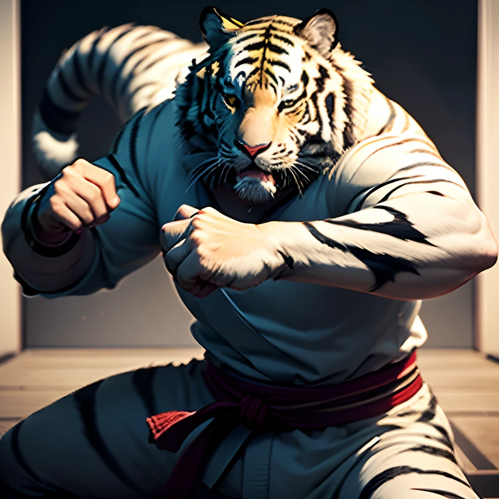 ANGRY TIGER KARATE MASCOT, FULL BODY WHITE KIMONO, crossed arms