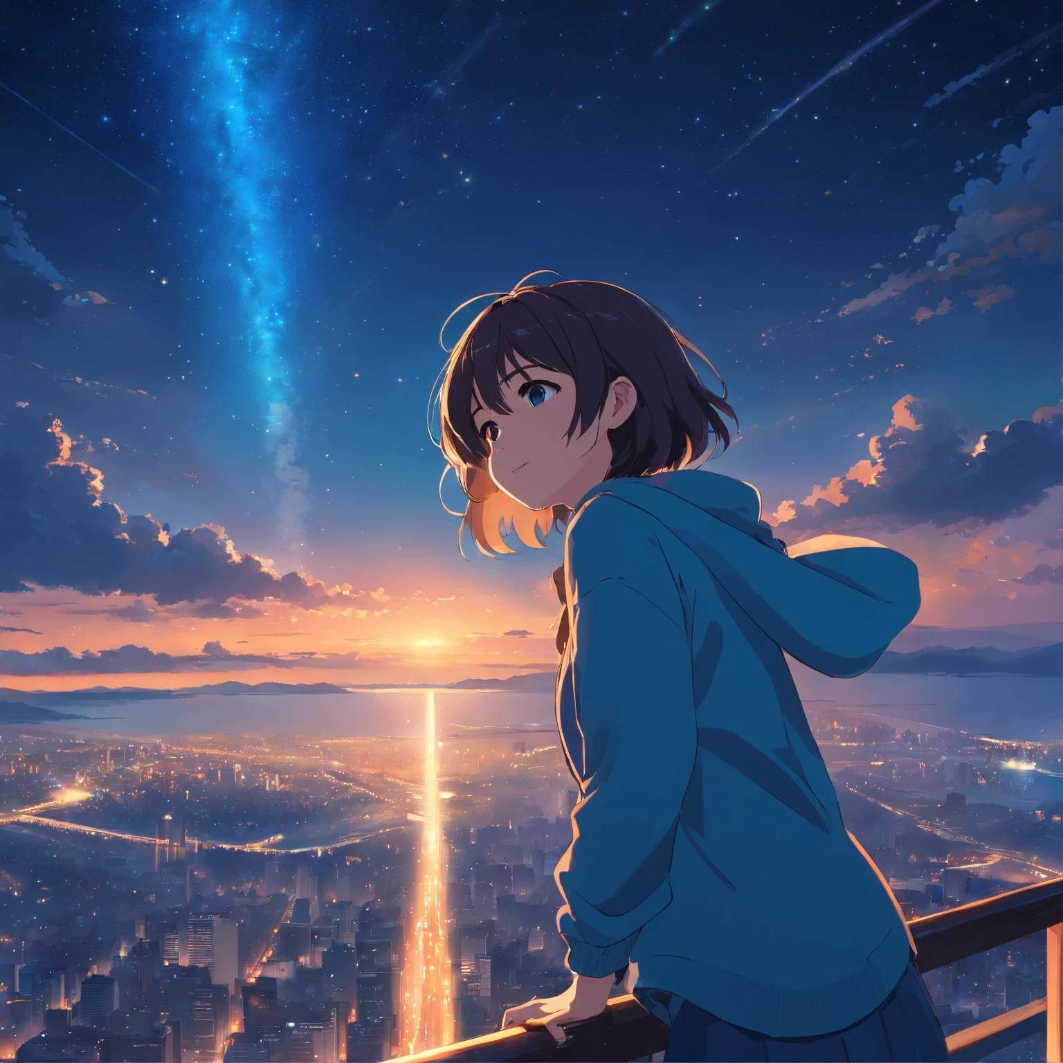 ​masterpiece、top-quality、Movie stills、1girl、Sky Girl、Floating in the night sky、Looking up at the night sky、profile、with light glowing、happiness、Warm soft lighting、starrysky、(Spark:0.7)