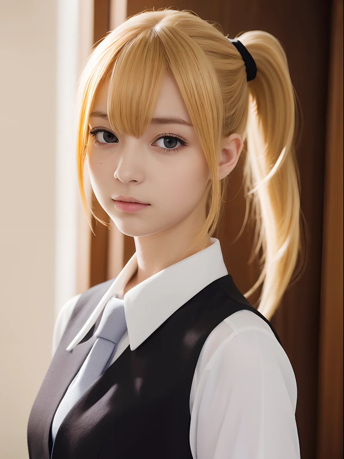 (Best Quality, masutepiece:1.2), 1 girl, Solo, yellow hair,Eyes with beautiful details,(maid uniform),The upper part of the body,Black tie,Bangs,ear, side ponytail hair,