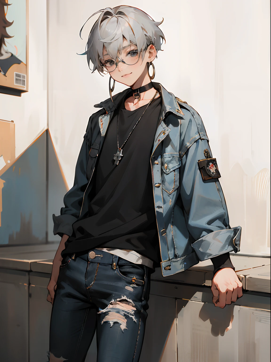 (, eye glasses,A smile, silber hair),(((​masterpiece)))、(((top-quality)))、((ultra-definition))、(High Definition CG Illustration)、((extremely delicate and beautiful)),(​masterpiece:1.2、top-quality), 独奏, The upper part of the body, The hair:buzzcut, garments:Oversized distressed denim jacket with patches and pins、paired with black skinny jeans and combat boots、 accessory:Silver Hoop Earrings and Black Choker Necklace, Hang out at underground music venues and street art exhibitions