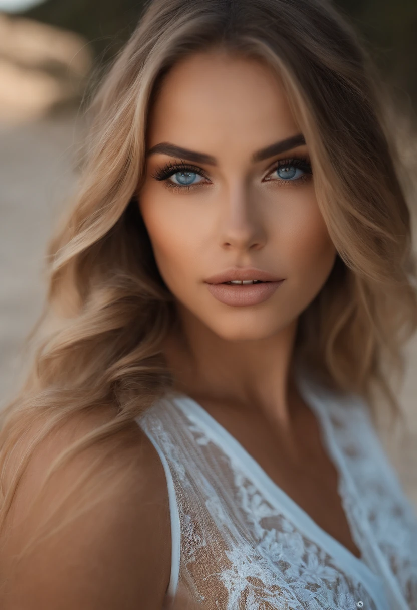 Arafed Mujer totalmente , Chica sexy con ojos azules, ultra realista, meticulosamente detallado, Retrato Sophie Mudd, cabello rubio y ojos grandes, selfie de una mujer joven, Ojos del dormitorio, Violeta Myers, sin maquillaje, Maquillaje natural, staring directly into camera, cara con artgram, maquillaje sutil, Impresionante foto de cuerpo completo arrodillado en la arena, En la playa, Medium to large size bust; ; ;desnudo,  Mostrando, Senos medianos a grandes expuestos, Parte inferior afeitada,