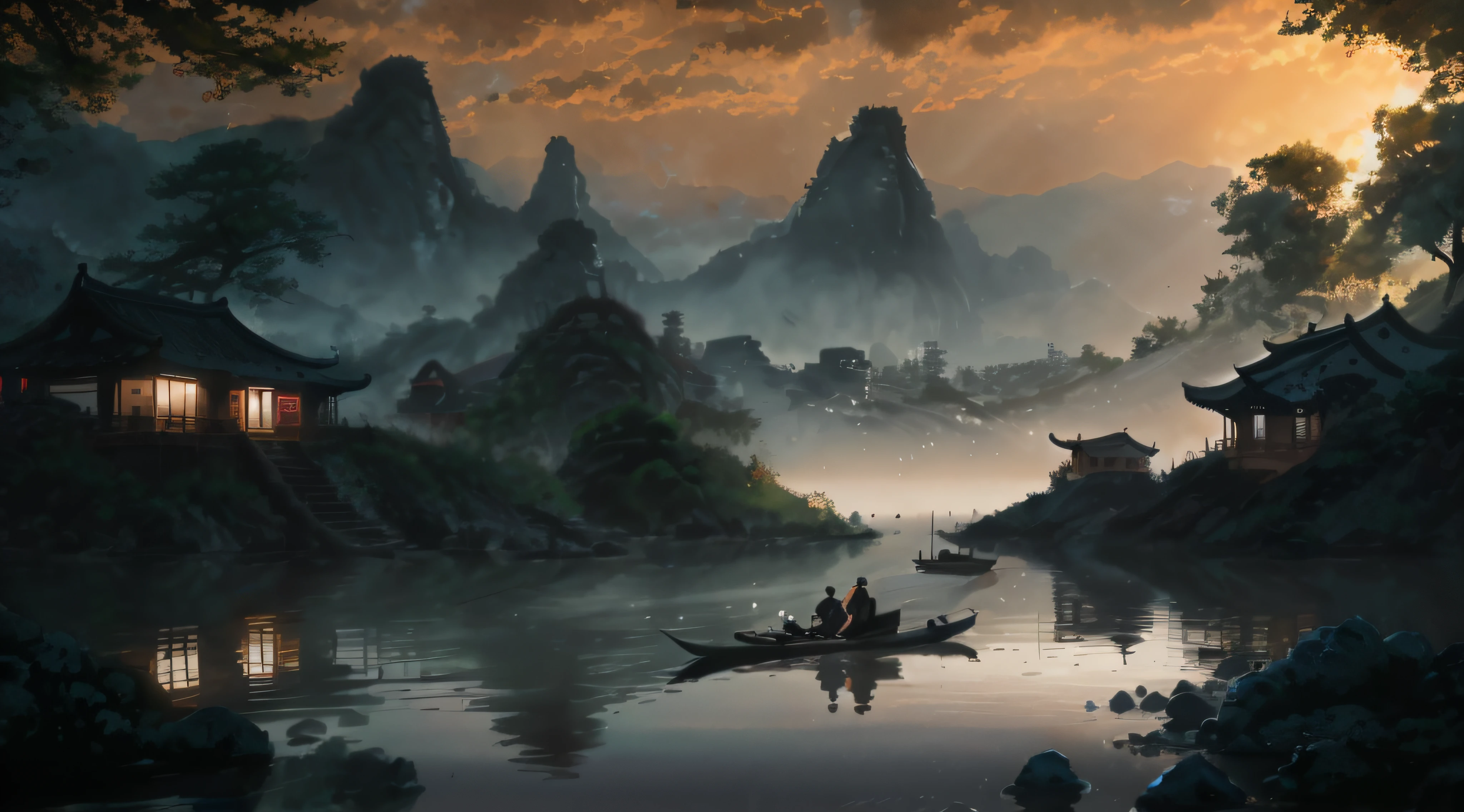 painting of a man and woman in a boat on a river, by Yang J, 4k highly detailed digital art, Detailed painting 4 K, inspired by Raphael Lacoste, 4k hd matte digital painting, Chinese landscape, Inspired by Fenghua Zhong, Detailed scenery —width 672, author:Qu Leilei, inspired by Andreas Rocha, author:Song Xu