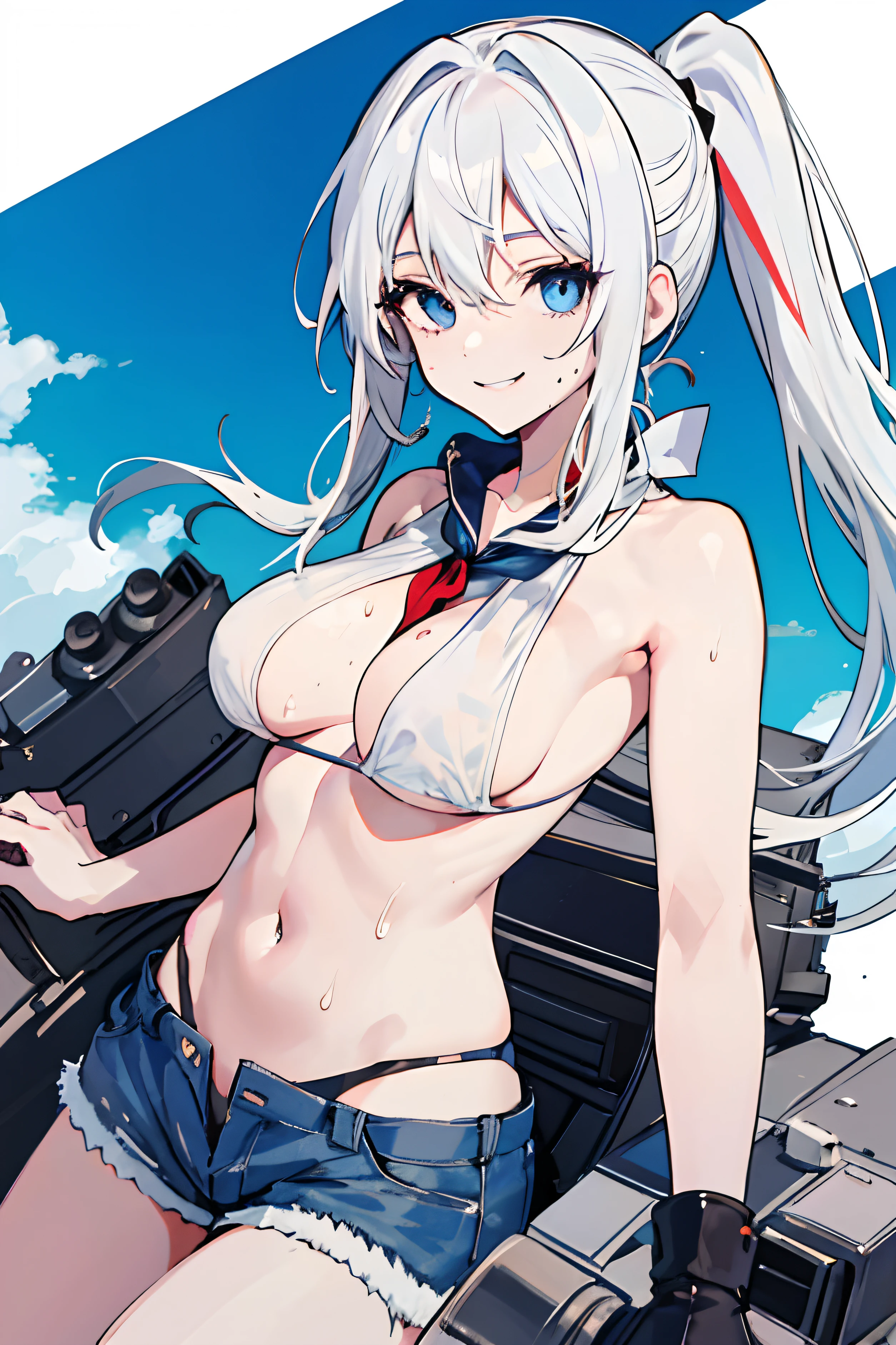 anime girl, white hair, long hair, smiling, sweating, topless, bikini,blue shorts, , captain haitt
, pony tail, blue eyes, medium Breasts, black bra, top down view, holding breasts, hands in breasts, on a battleship