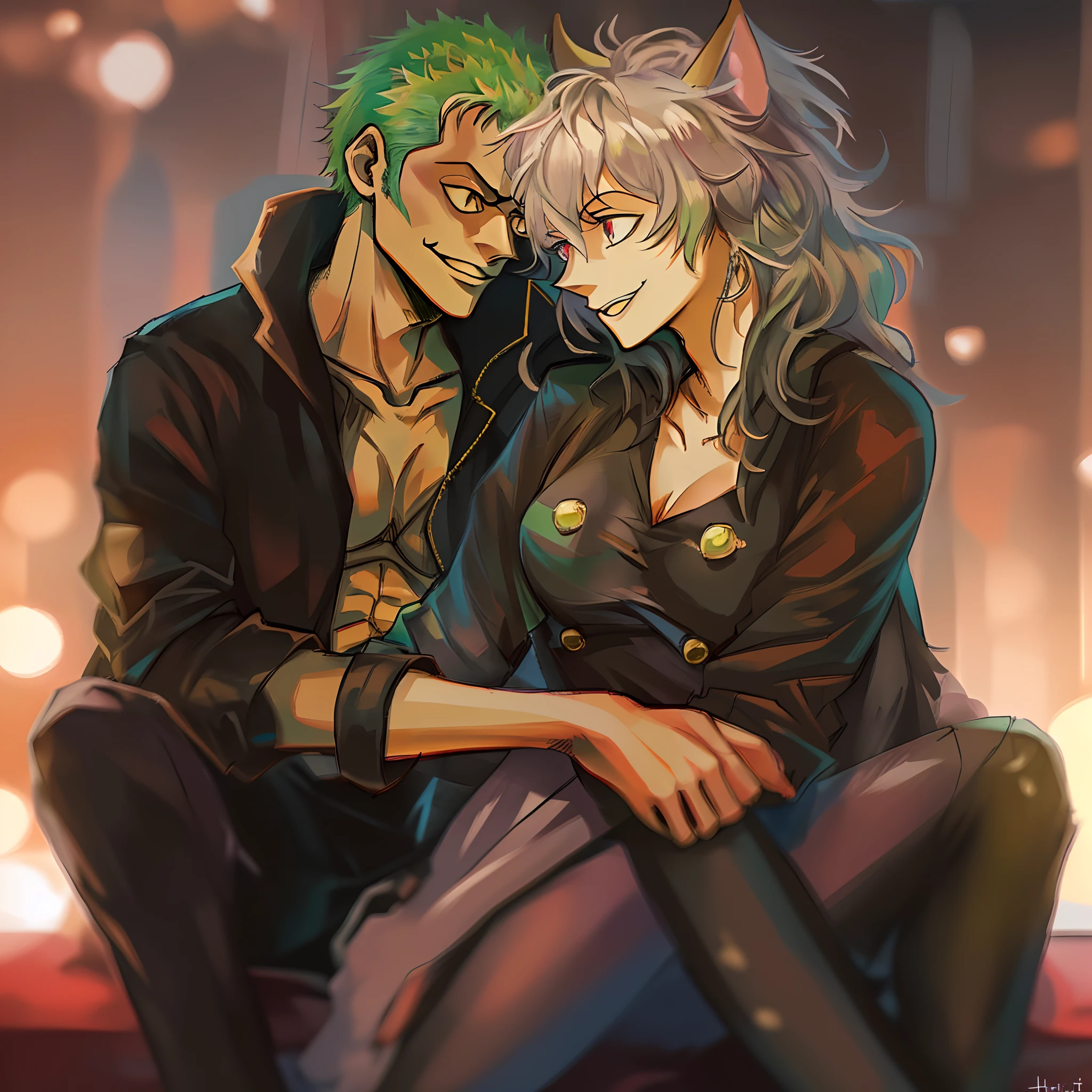 neferpitou,zoro,couple,husband and wife,love dovey couple,sitting,hug,kiss,smile,masterpiece:1.2,ultra-detailed,realistic:1.37,portraits,vivid colors,warm tones,soft lighting, one piene, hunterxhuntet, catgirl