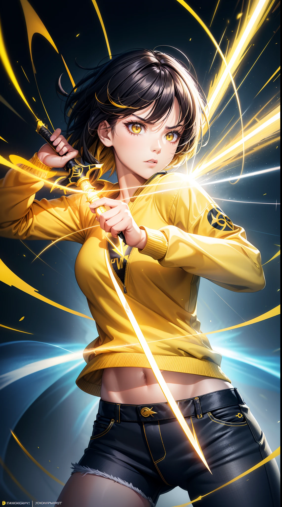 Woman, fight pose, Baddas stare,Hold a yellow sword with a yellow lightning emblem, yellow short wispy Pixie hair, yellow eyes, yellow short shirt, black hotpants jeans, black Jacket sweater ,In the middle of the shirt there is an omega symbol,HD lighting and dark )<=(epic image quality)dark atmosphere with bright particle light(many effects in background)
