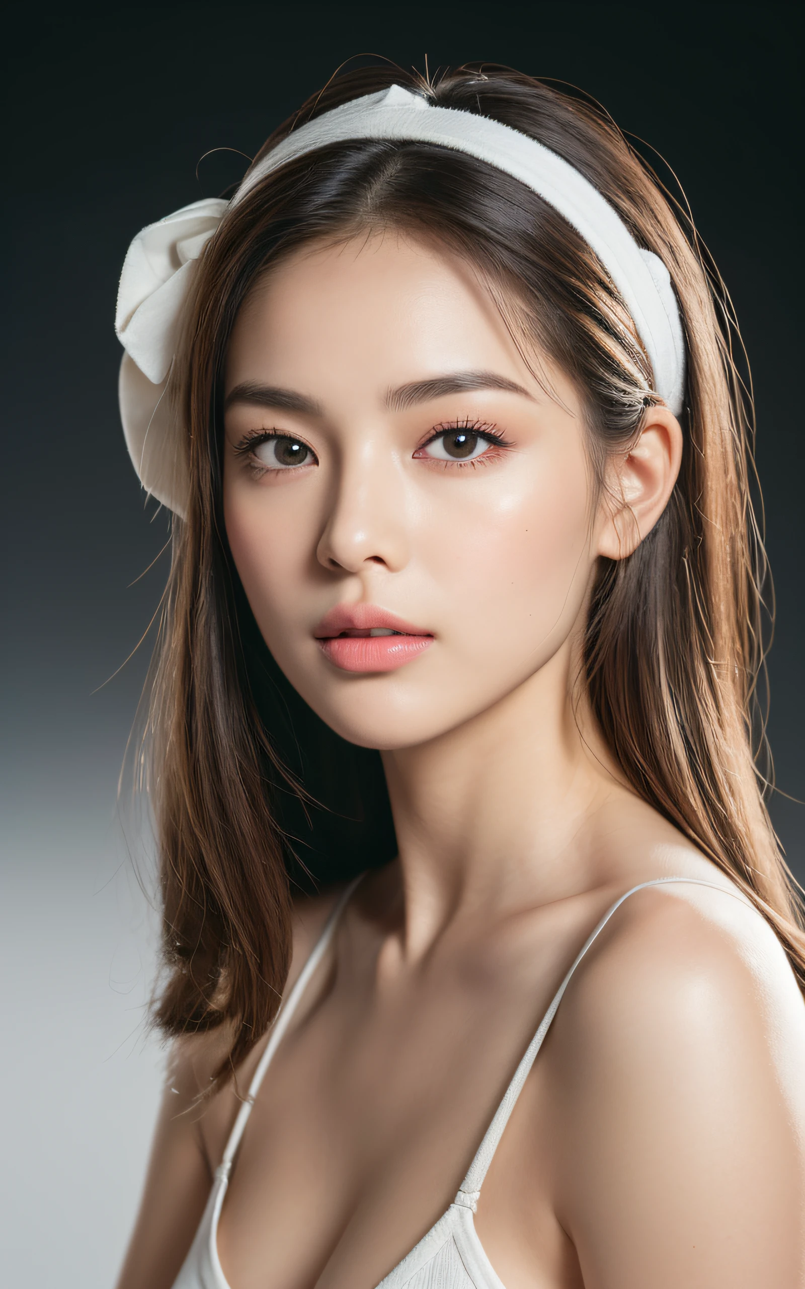 ((((8K, Photography, Raw photo, Hyper-Realism, masutepiece, Best Quality, 超A high resolution)))), (Pin Light, Back Light, Backlighting, Cinematic Light), Sharp Focus:1. 4, (Hyper Detail, Finely detailed), Face Close-up, close-up, 1girl in, Egg-shaped face with cat-like eyes, Small and plump lips, Straight and cute nose, cheekbones turn a little red, thick eyebrows and long, clean eyelashes,.