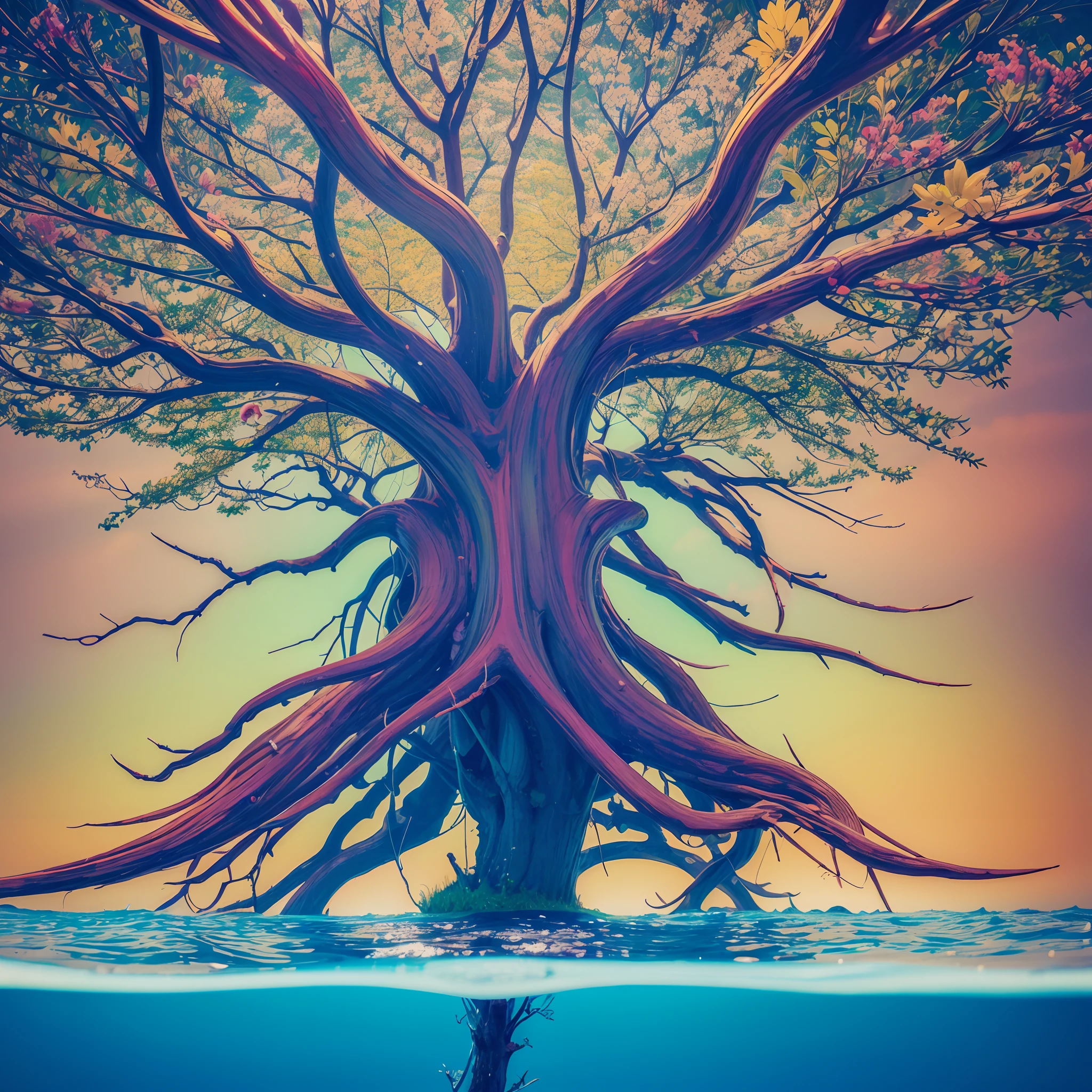 a painting of a tree in the middle of a body of water, uma pintura digital de Alex Grey, Vencedor do concurso da Shutterstock, psychedelic artwork, Psychedelic, Fractalismo, mistic