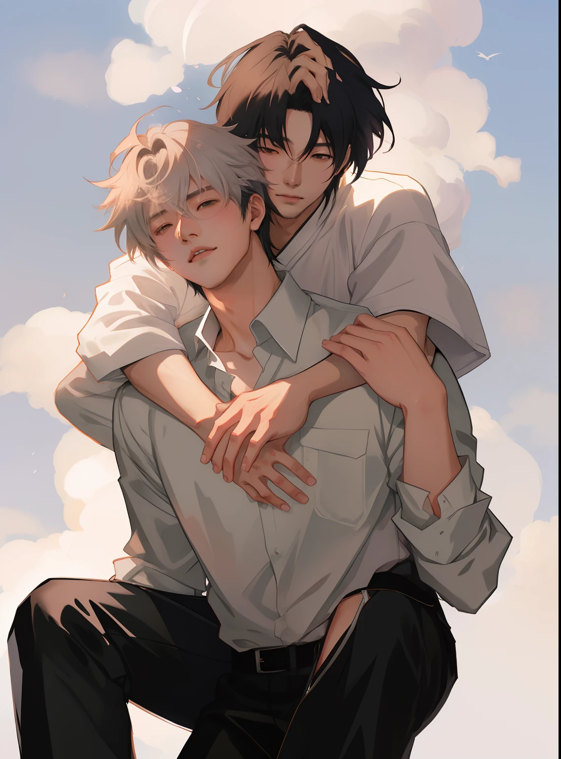 anime boy hugging another boy in a white shirt and black pants, artwork in the style of guweiz, by Yang J, two anime handsome men, yaoi, akehiko inoue and ross tran, high quality fanart, by Eizan Kikukawa, makoto shinkai and (cain kuga), guweiz