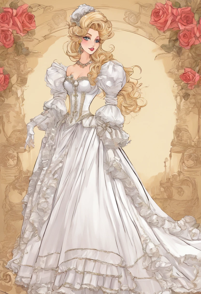 A stunningly beautiful blonde fairytale Princess shining with Royal Pomp and Regal Splendor, wearing a Stately and (((Elaborate))) Royal Cinderella Wedding Dress of Silver and White Brocade, with (((enormous puffed sleeves))) a stiffly boned, padded and corseted bodice, an hourglass waist, a (((huge crinoline hoopskirt))) and (((bustle))), adorned with ribbons, bows, roses, lace, ruffles, frills, embroidery, and jewels, elaborately curled and styled hair, long white gloves, pearl and diamond necklace and earrings