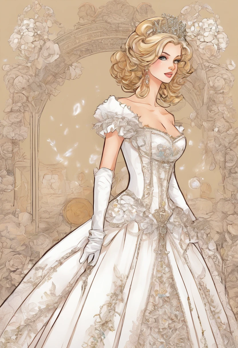 A stunningly beautiful blonde fairytale Princess shining with Royal Pomp and Regal Splendor, wearing a Stately and (((Elaborate))) Royal Cinderella Wedding Dress of Silver and White Brocade, with (((enormous puffed sleeves))) a stiffly boned, padded and corseted bodice, an hourglass waist, a (((huge crinoline hoopskirt))) and (((bustle))), adorned with ribbons, bows, roses, lace, ruffles, frills, embroidery, and jewels, elaborately curled and styled hair, long white gloves, pearl and diamond necklace and earrings