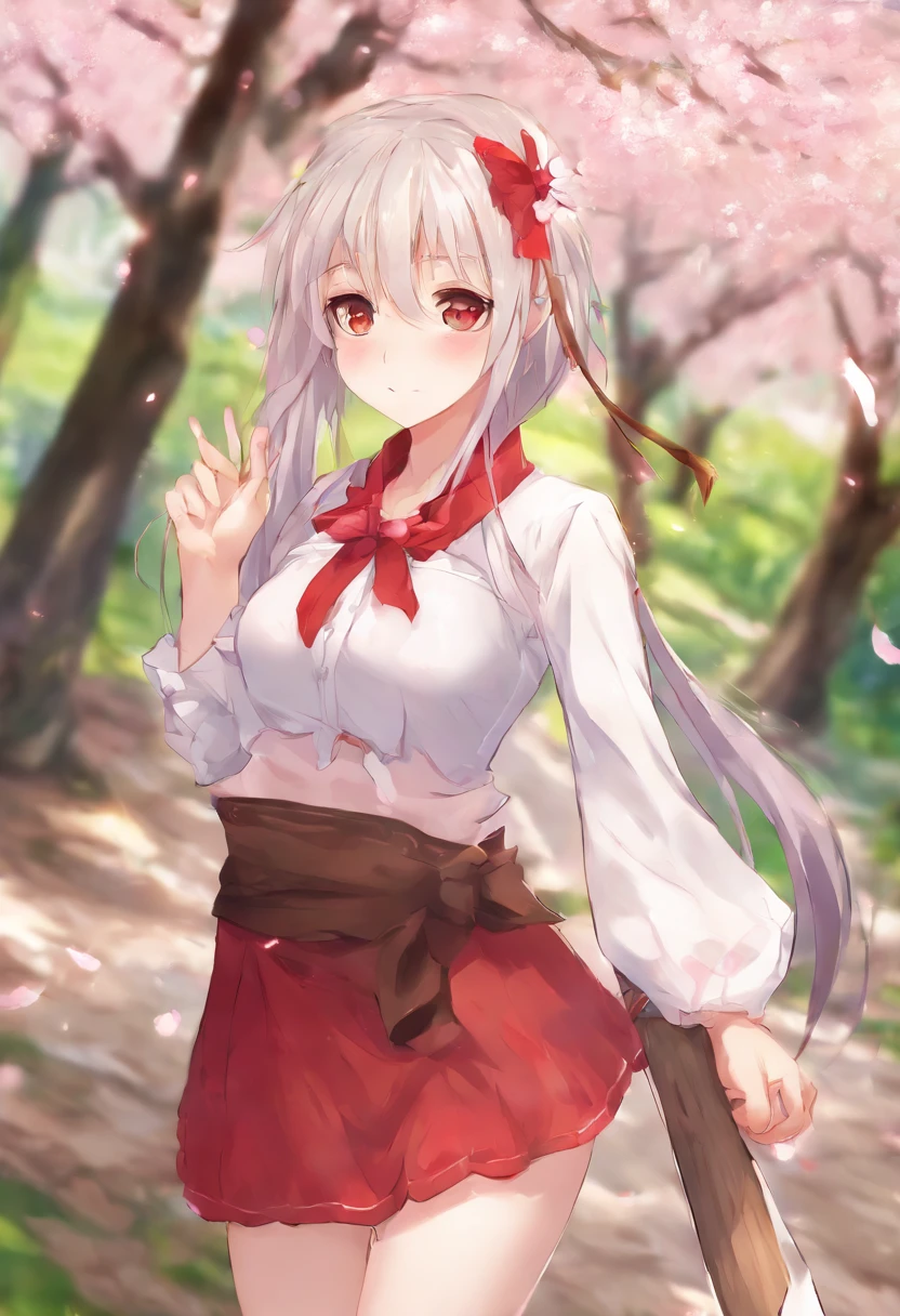 dynamic angle, best quality, illustration, standing, solo, breasts, holding, bamboo broom, outdoors, sunlight, smile, blush, parted_lips, shrine, stand very long hair, pink hair, red eyes, girl, woman, female, young,16 years old, tareme, pointy_ears, large_breasts, hair_cherry blossom_ barrette, collar, white_hakama, red_mini skirt, white_thighhighs, geta, thin, hair between eyes, idolmaster cinderella girls, long sleeves,