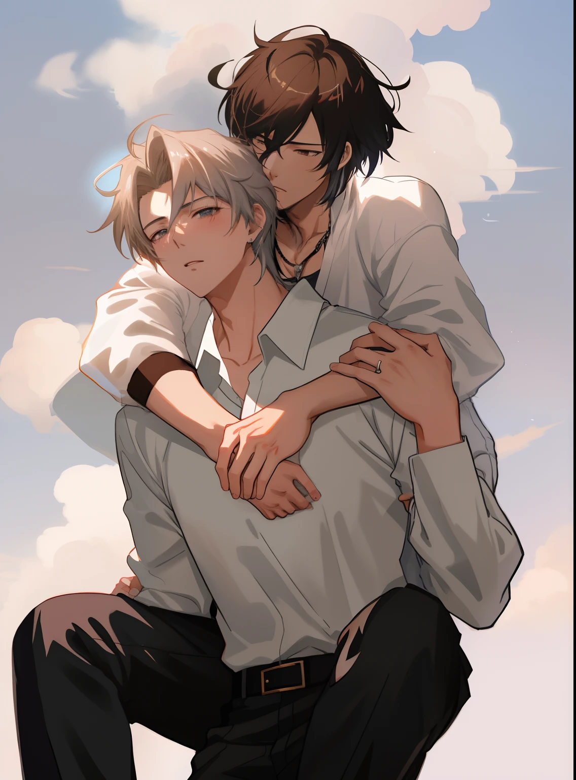 anime boy hugging another boy in a white shirt and black pants, artwork in the style of guweiz, by Yang J, two anime handsome men, yaoi, akehiko inoue and ross tran, high quality fanart, by Eizan Kikukawa, makoto shinkai and (cain kuga), guweiz