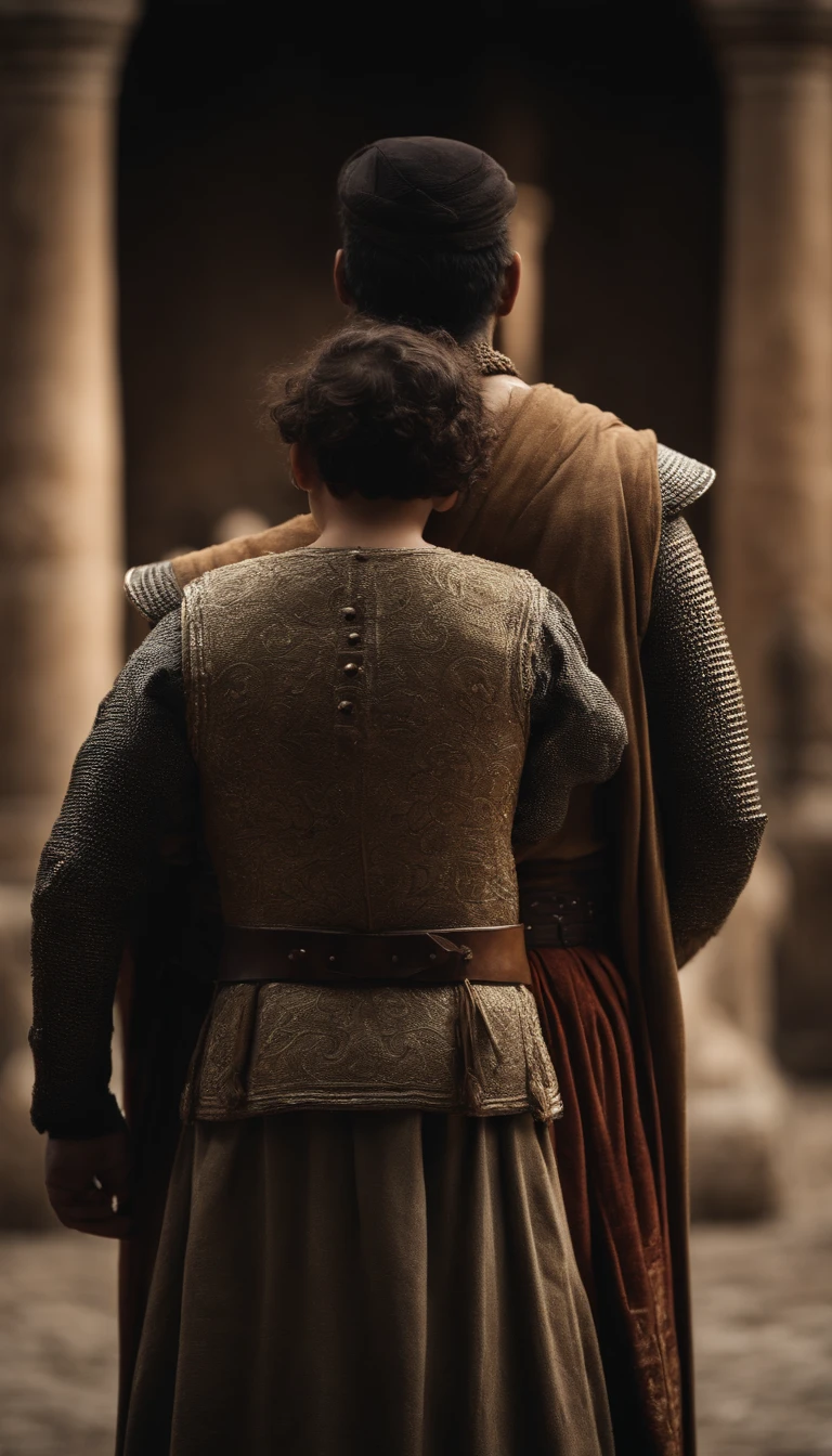 um fladiador com armadura. embraced with his wife and son. back view. ambiente escuro. Ancient times
