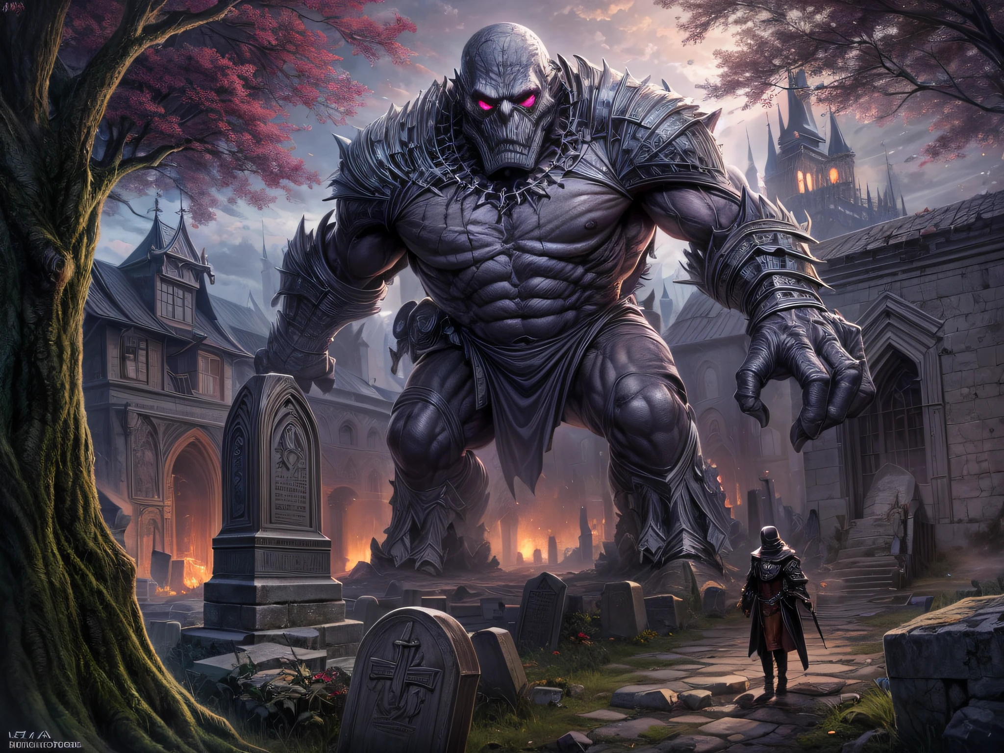 Dark fantasy art, Dark RPG art, (best detailed : 1.5), (best quality,ultra-detailed),(fantasy,imaginary) of the Golem from Prague guarding the Jewish cemetery at night, an epic clay Golem, massive body, Glowing Purple Eyes, massive arms, he is standing in the ancient jewish cemetry in Prauge in the middle ages, (the castle of Prague: 1.2) in the background, best quality, (extremely detailed: 1.5), picture taken from dynamic range, ultra wide shot, photorealism, depth of field, hyper realistic, 2.5 rendering,