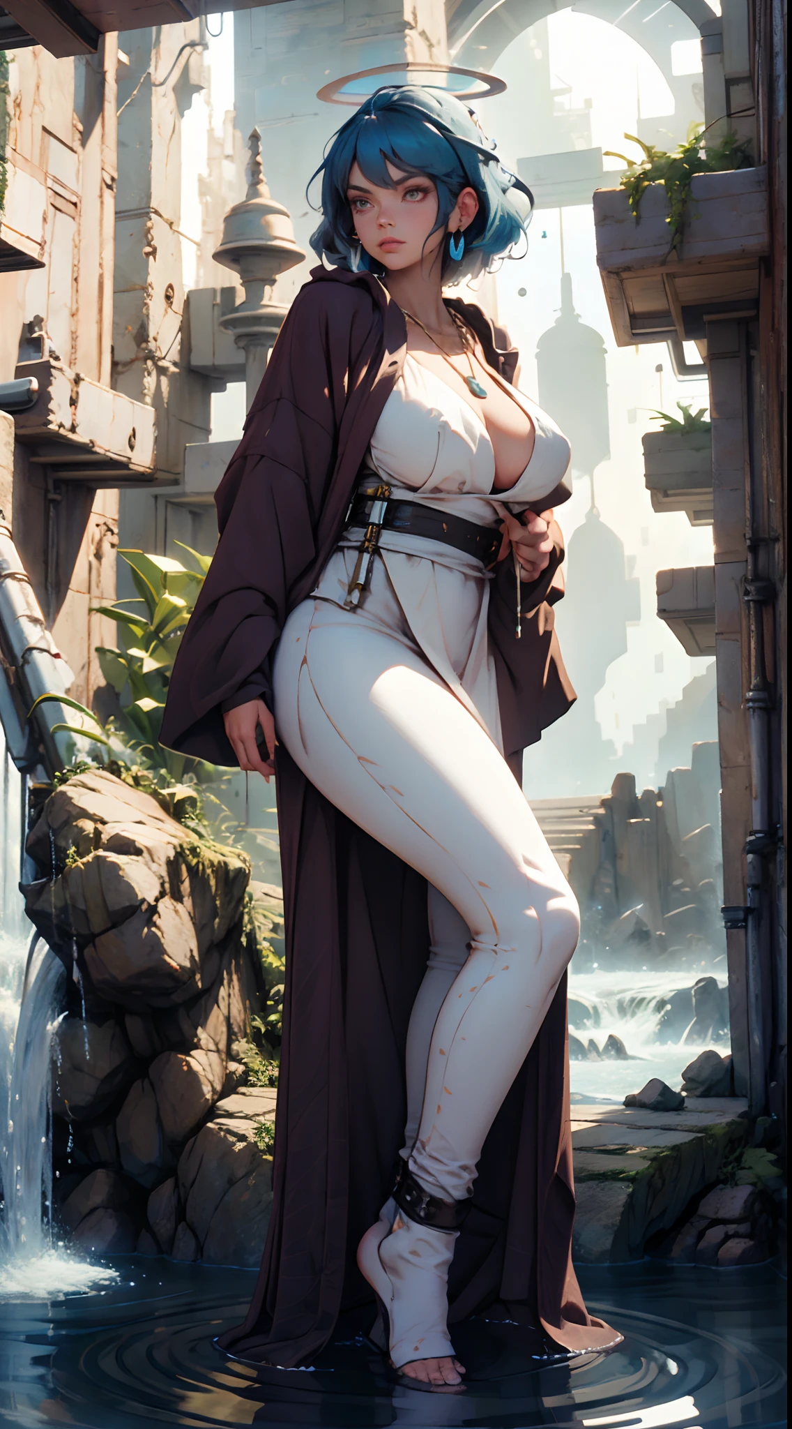 Jedi, tight robes, legs, alien, curvy, serious, (best quality)+, masterpiece+Blue hair length to the middle of the back, with a necklace and a blue and white dress, a halo of water above the head, scales visible on the body and face, nsfw