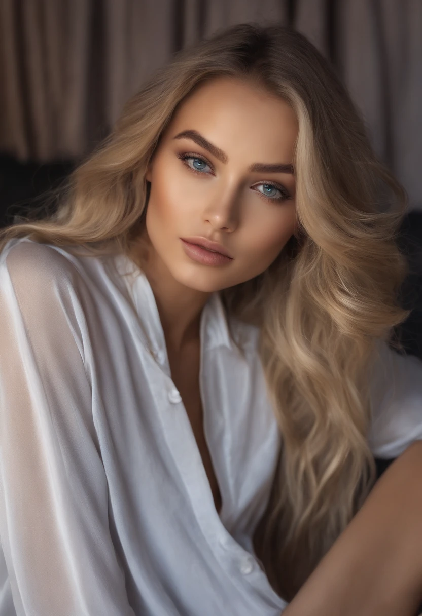 Arafed woman completely , fille sexy aux yeux bleus, ultra realist, Meticulously detailed, Portrait Sophie Mudd, cheveux blonds et grands yeux, selfie of a young woman, Yeux de chambre, Violet Myers, sans maquillage, maquillage naturel, looking straight at camera, Visage avec Artgram, Maquillage subtil, Great photo of the whole body kneeling on the bed, dans la chambre, Medium to large bust, naturelle et simple