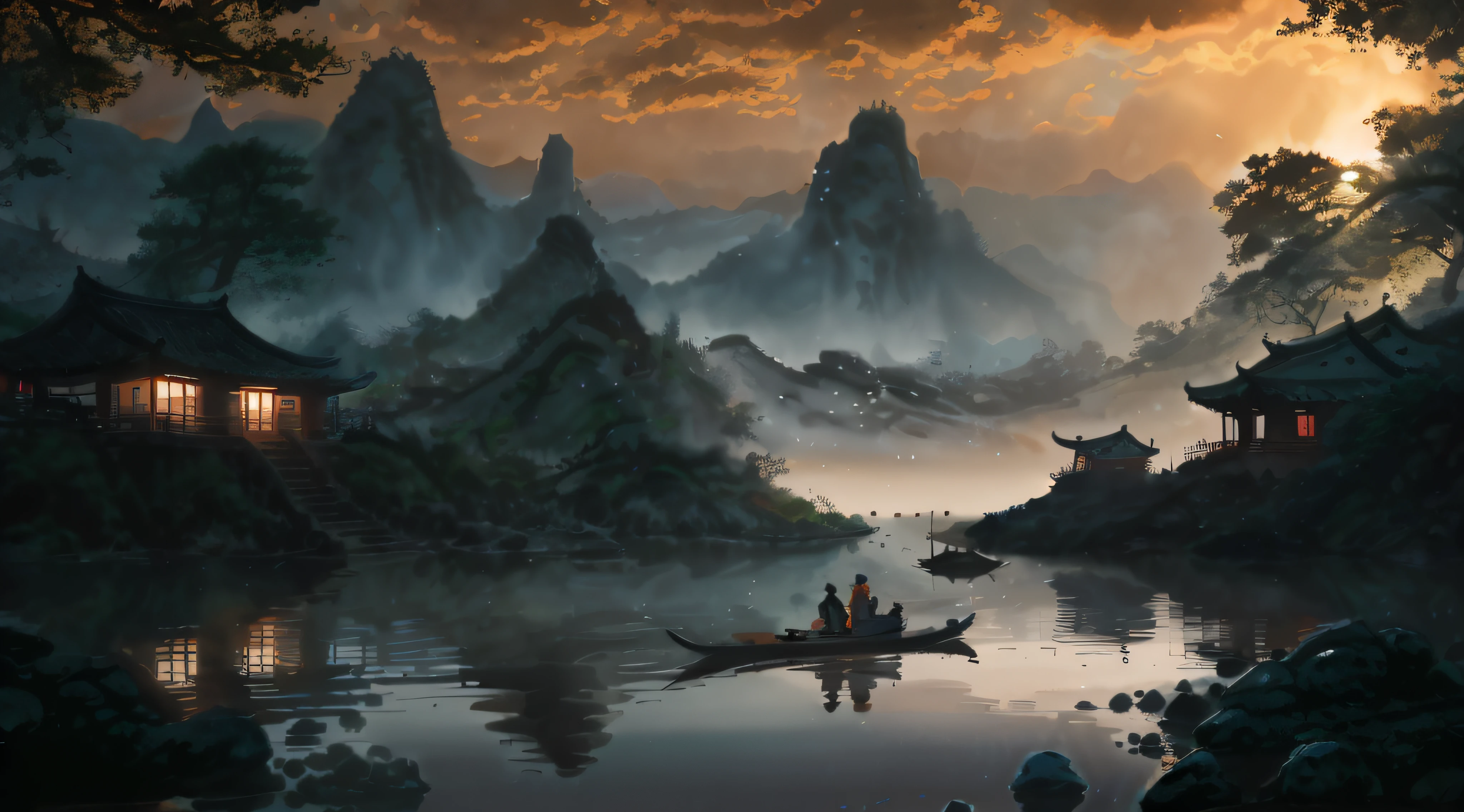 painting of a man and woman in a boat on a river, by Yang J, 4k highly detailed digital art, Detailed painting 4 K, inspired by Raphael Lacoste, 4k hd matte digital painting, Chinese landscape, Inspired by Fenghua Zhong, Detailed scenery —width 672, author：Qu Leilei, inspired by Andreas Rocha, author：Song Xu