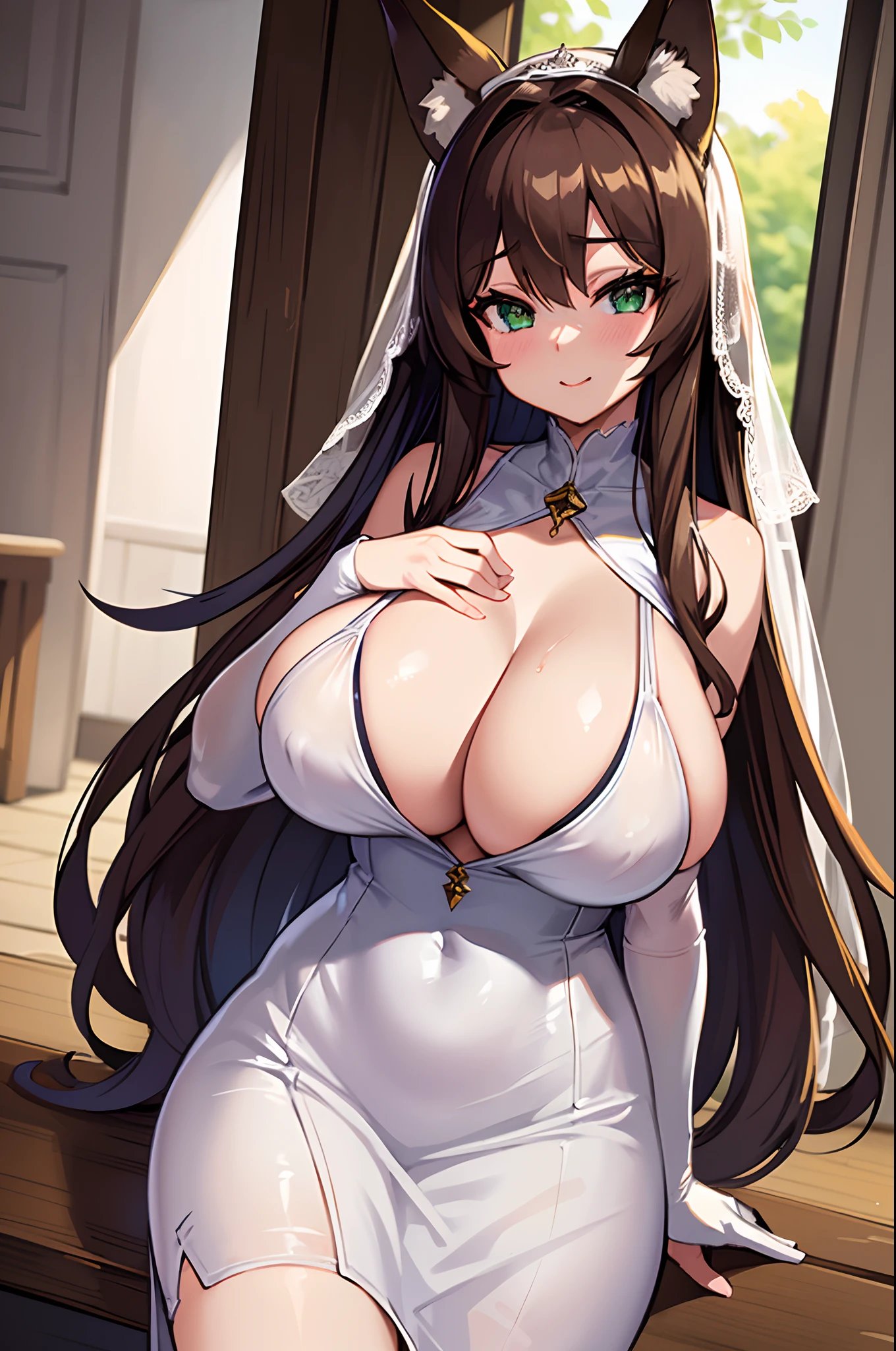 (Masterpiece, best quality, beautiful eyes, highly detailed, high res), 1girl, fox girl, fox ears, fox tail, brown hair, green eyes, mature woman, massive breasts, massive cleavage, white dress, sexy, veil,