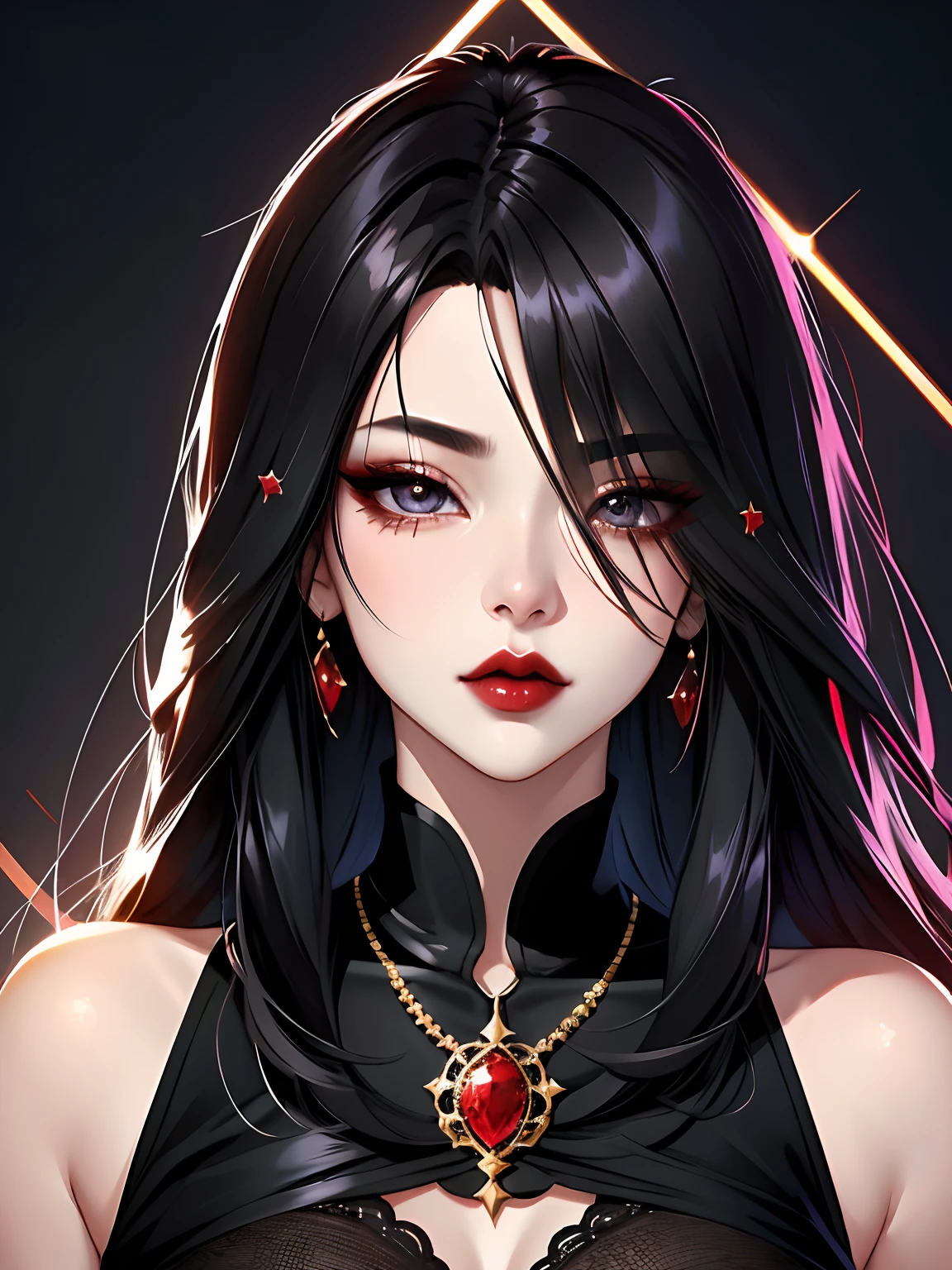 1girl in, 独奏, Jewelry, black hair, necklace, a gold, scarlet red lips, Long hair, covered eyes, lipstick, makeup, upper-body, closed mouth, Black Dress, hair above one eye, 鎖骨, Dress,black theme,bad-girl, large breasts,sparkly skin,(mature female),Chic, Snthwve style, nvinkpunk Close-up portrait of a face (((sks person))), Smooth soft skin, big dreamy eyes, Beautiful intricate dyed hair, Symmetrical, anime wide eyes, soft-lighting, Detailed Face, makoto sinkai, by stanley artgerm lau, WLOP, rossdraws, Concept art, Digital Painting, looking up at the camera