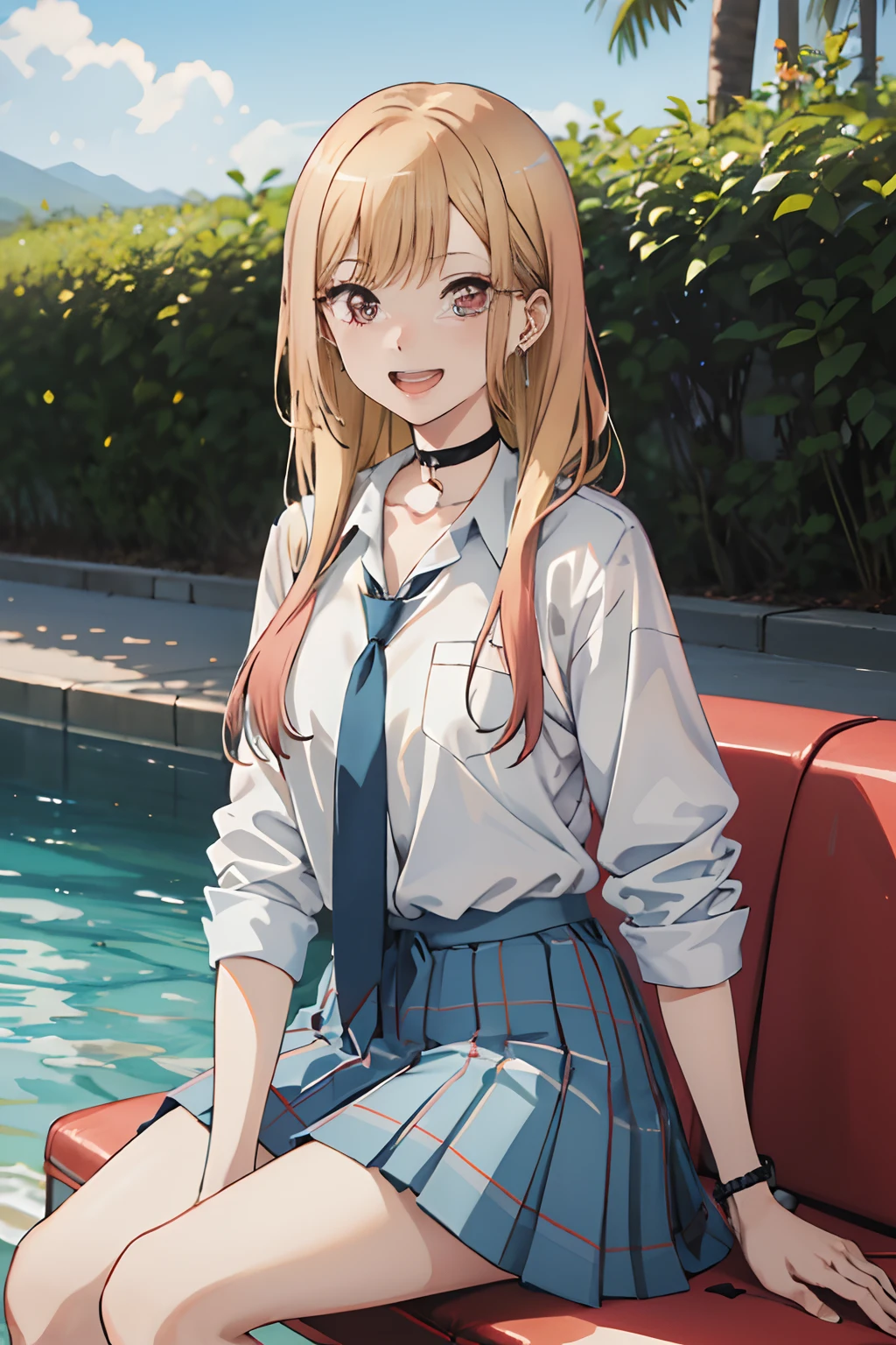 Best Quality, (masutepiece:1.2), Detailed,
Kitagawa Marine SB,
1girl in, Solo, Open mouth, grin, Smile,
Long hair, Blonde hair, Red Eyes, multicolored hair, earrings,
School uniform, Choker, White shirt, Pleated skirt, Blue skirt, blue necktie,
Standing, Looking at the viewer,
Outdoors,Sitting, Cowboy Shot