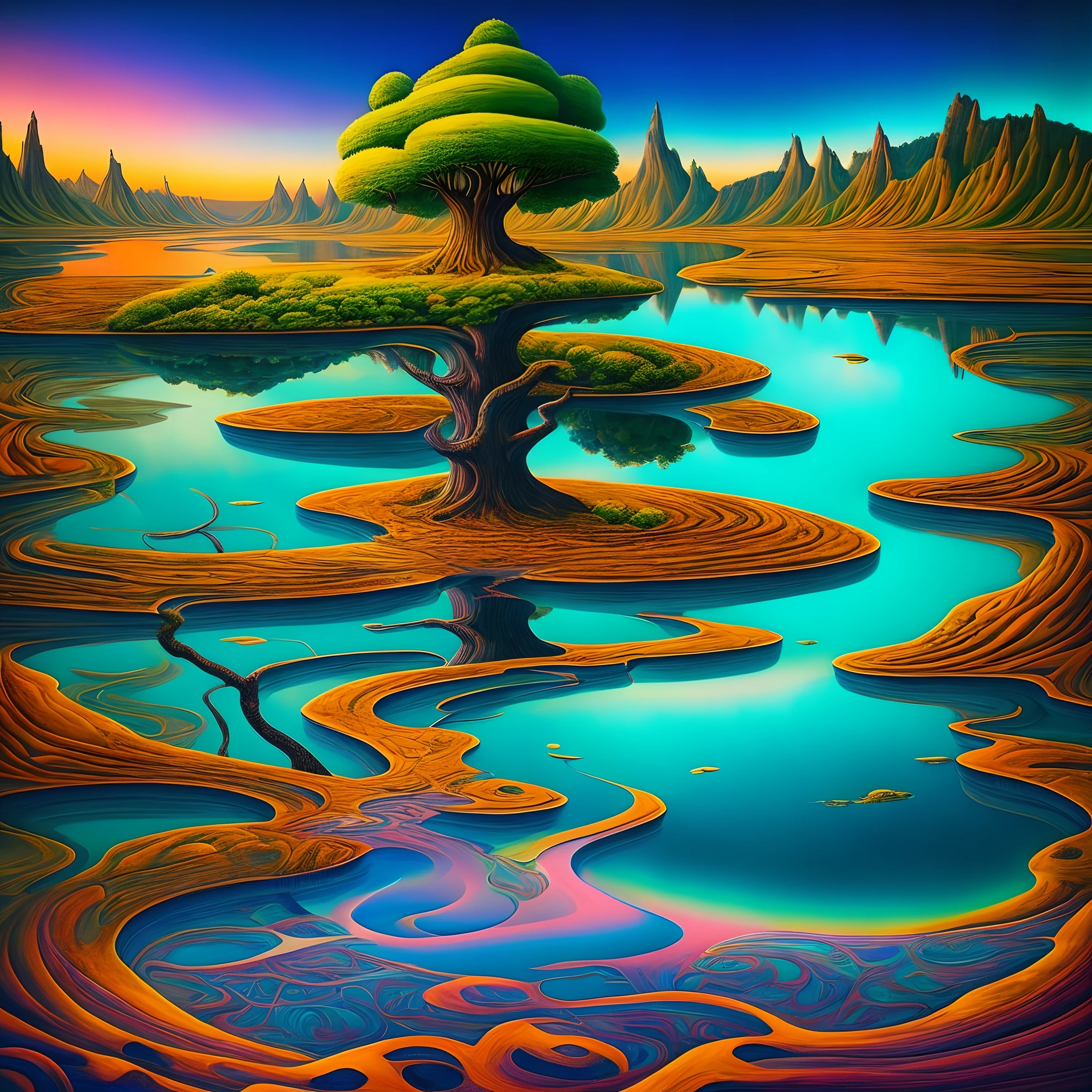 a painting of a tree in the middle of a body of water, uma pintura digital de Alex Grey, Vencedor do concurso da Shutterstock, psychedelic artwork, Psychedelic, Fractalismo, mistic