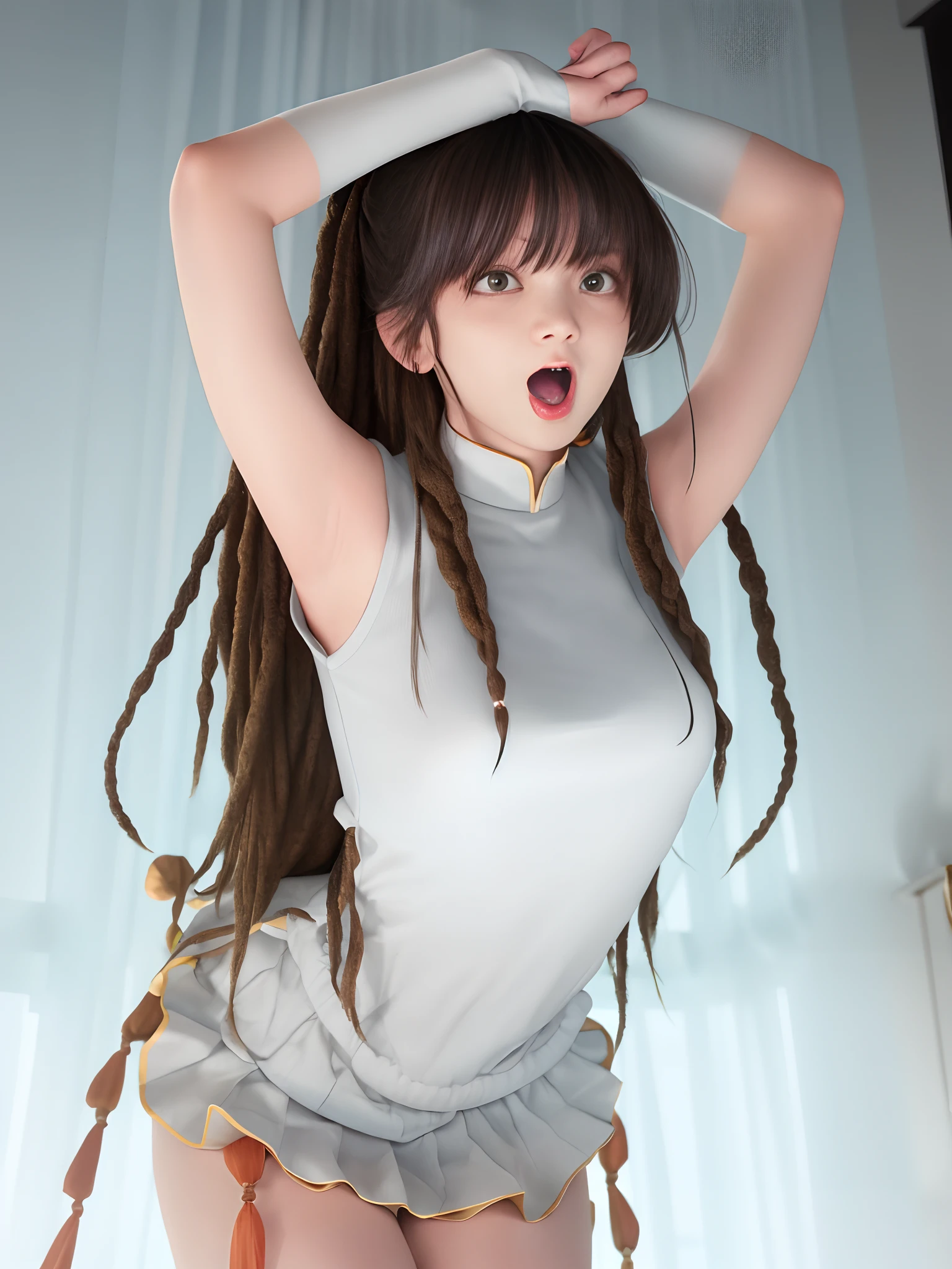 tmasterpiece, Best quality at best, 1girll, 独奏, teardrop, Be red in the face, dreads, scream, and the tongue sticks out, laughingly, with her mouth open, roll eyes, head looking up, full bodyesbian, Armpits, Arms up, (Torso grab, Tickle, mitts, Intangible limbs:1.2), TKL