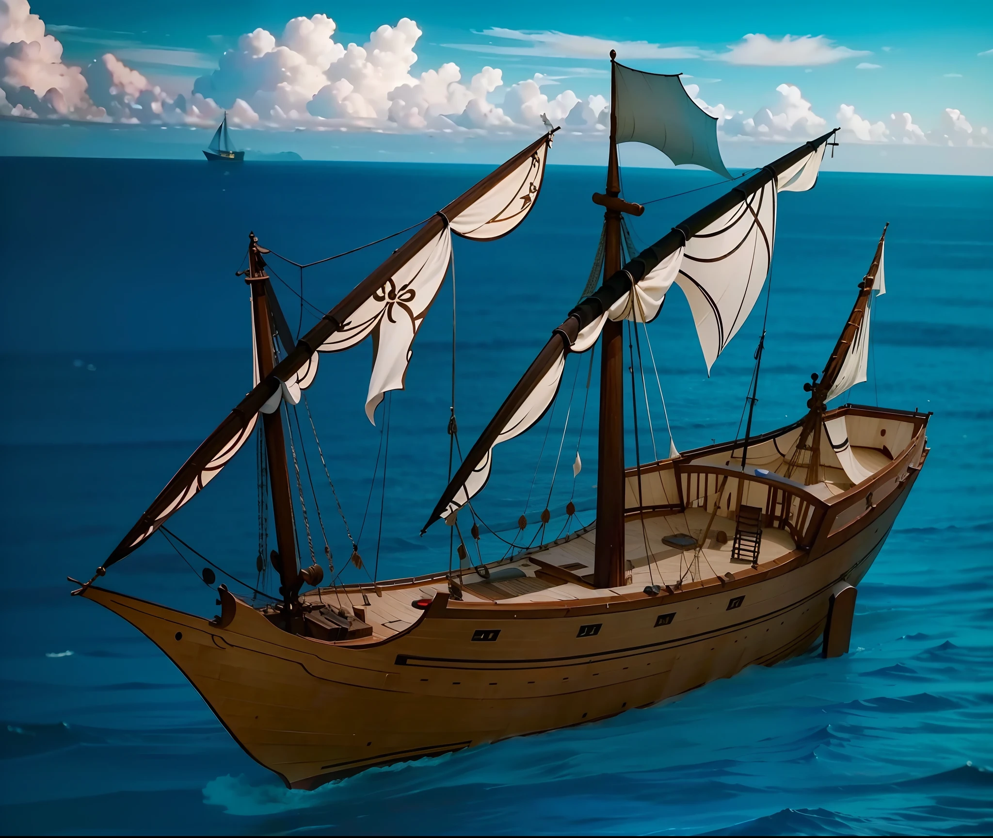 Show the whole and complete medium size caravel ship, the foresmast and the main mast and the aft mast, There are only three masts in total, Early 16th century, medium size and quite streamlined and quite narrow hull, The sails have several pieces, 42 feet long, 14 feet wide, 8 feet wide. The boat is characterized by being strong enough and maneuverability, small Spacious, 100 tons. The hull is low volume, The side of the ship is high