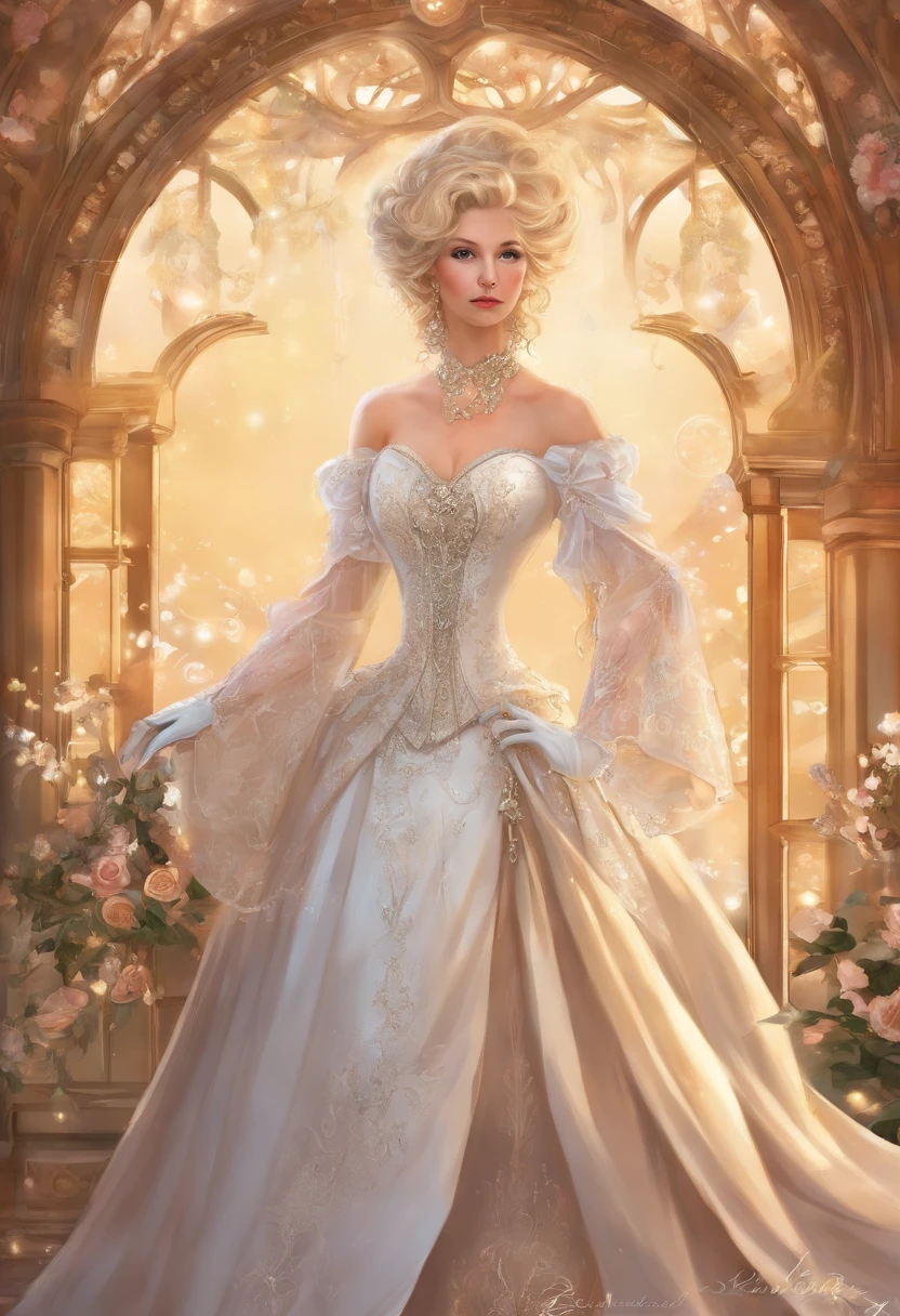 A stunningly beautiful blonde fairytale Princess shining with Royal Pomp and Regal Splendor, wearing a Stately and (((Elaborate))) Royal Cinderella Wedding Dress of Silver and White Brocade, with (((enormous puffed sleeves))) a stiffly boned, padded and corseted bodice, an hourglass waist, a (((huge crinoline hoopskirt))) and (((bustle))), adorned with ribbons, bows, roses, lace, ruffles, frills, embroidery, and jewels, elaborately curled and styled hair, long white gloves, pearl and diamond necklace and earrings