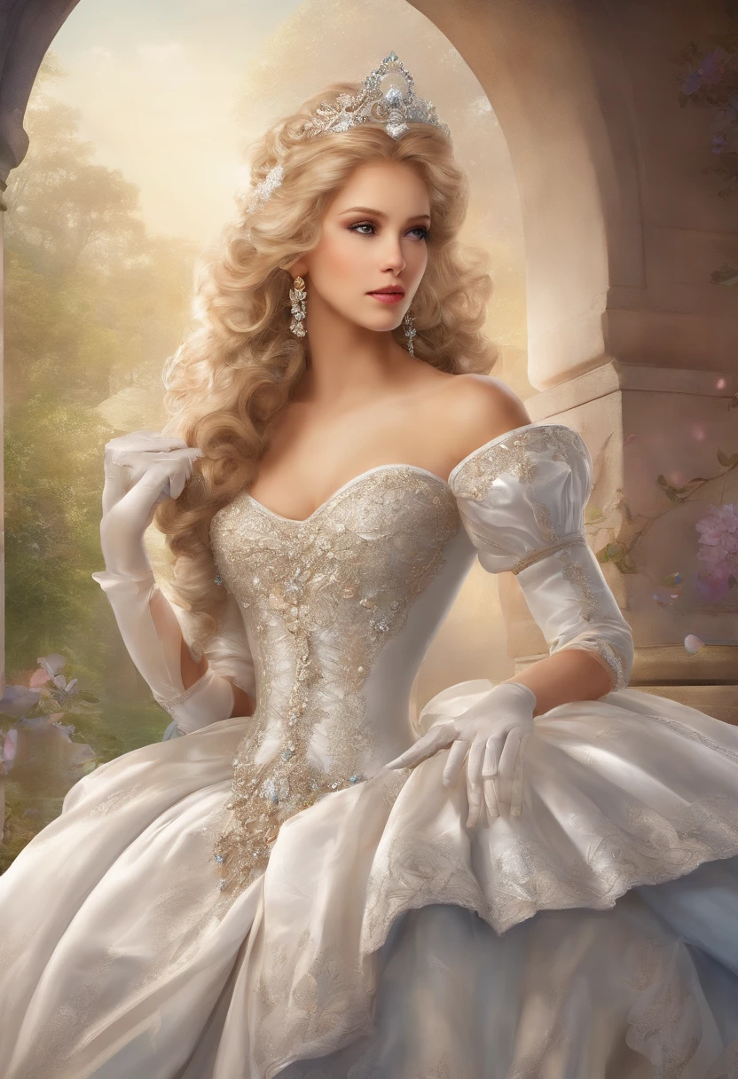 A stunningly beautiful blonde fairytale Princess shining with Royal Pomp and Regal Splendor, wearing a Stately and (((Elaborate))) Royal Cinderella Wedding Dress of Silver and White Brocade, with (((enormous puffed sleeves))) a stiffly boned, padded and corseted bodice, an hourglass waist, a (((huge crinoline hoopskirt))) and (((bustle))), adorned with ribbons, bows, roses, lace, ruffles, frills, embroidery, and jewels, elaborately curled and styled hair, long white gloves, pearl and diamond necklace and earrings