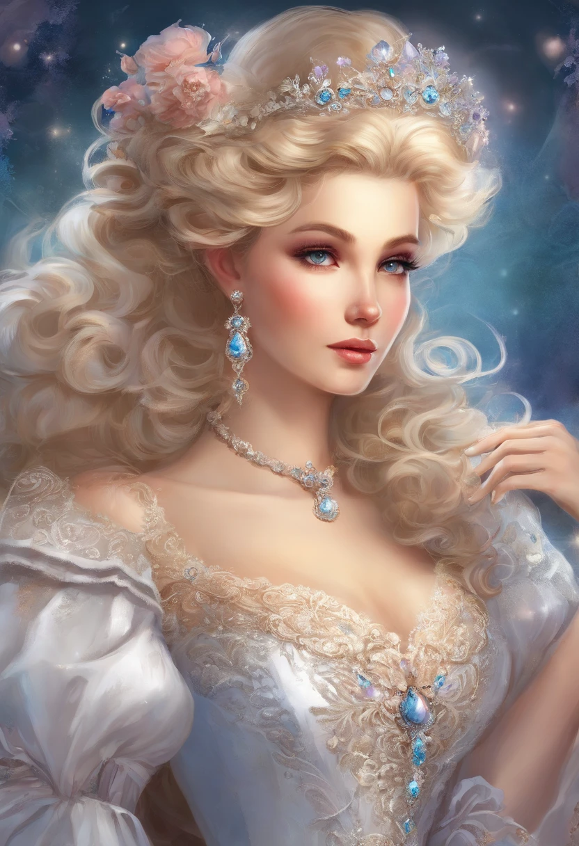 A stunningly beautiful blonde fairytale Princess shining with Royal Pomp and Regal Splendor, wearing a Stately and (((Elaborate))) Royal Cinderella Wedding Dress of Silver and White Brocade, with (((enormous puffed sleeves))) a stiffly boned, padded and corseted bodice, an hourglass waist, a (((huge crinoline hoopskirt))) and (((bustle))), adorned with ribbons, bows, roses, lace, ruffles, frills, embroidery, and jewels, elaborately curled and styled hair, long white gloves, pearl and diamond necklace and earrings