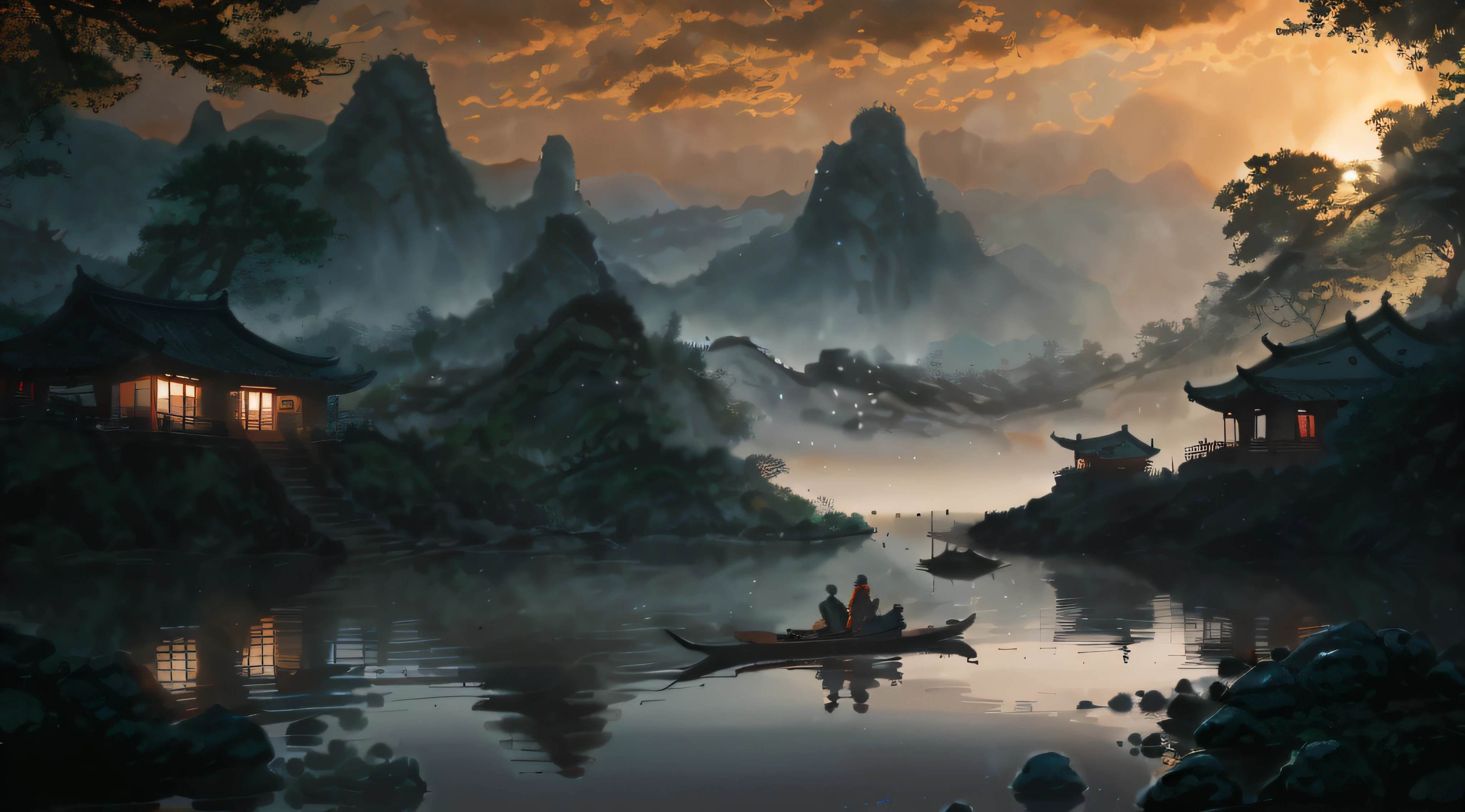painting of a man and woman in a boat on a river, by Yang J, 4k highly detailed digital art, Detailed painting 4 K, inspired by Raphael Lacoste, 4k hd matte digital painting, Chinese landscape, Inspired by Fenghua Zhong, Detailed scenery —width 672, author:Qu Leilei, inspired by Andreas Rocha, author:Song Xu