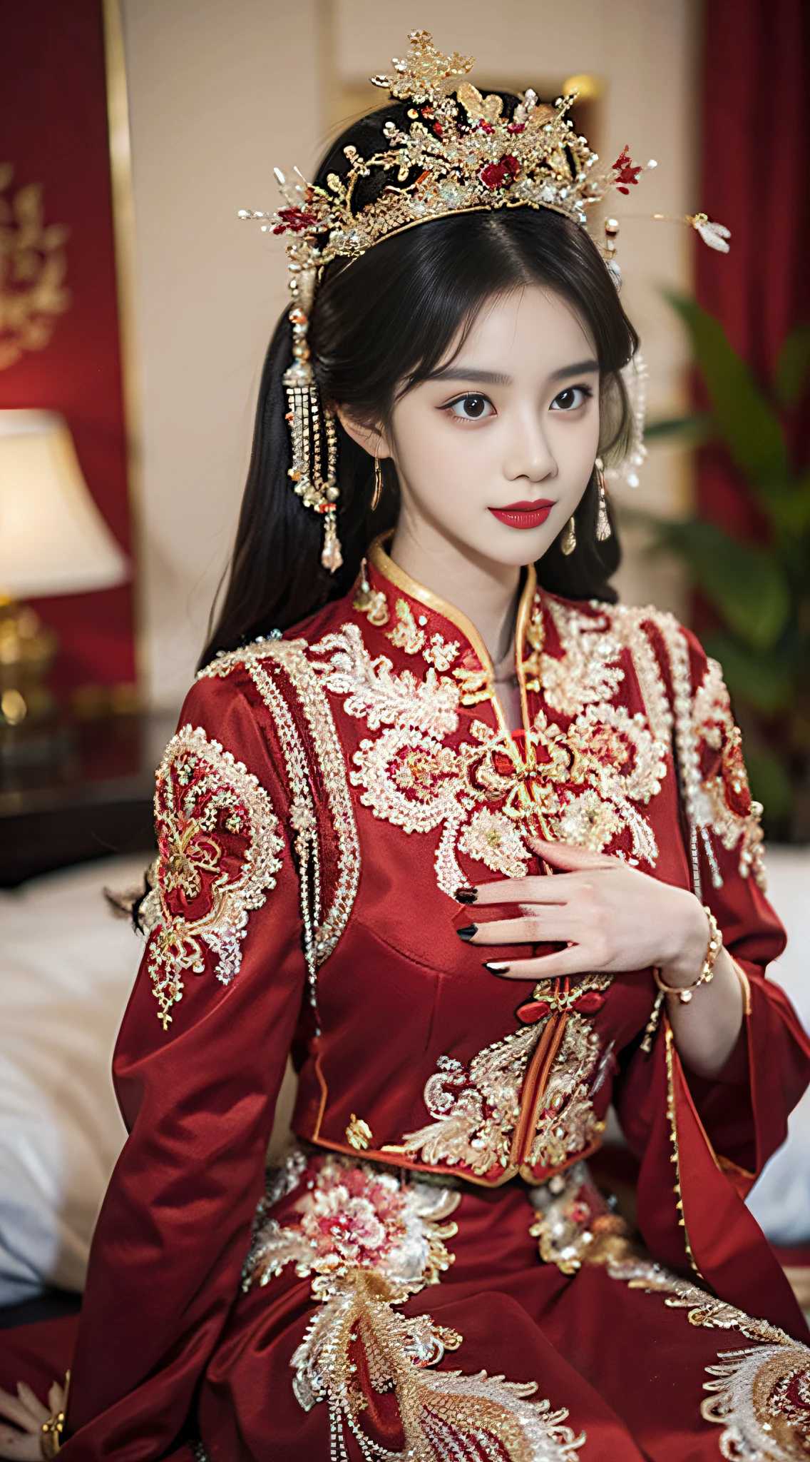 (Ultra-realistic 8k CG:1.2),Perfect artwork,delicate patterns,intricately details,(Unbeatable masterpiece,Best quality at best:1.2),(extremly intricate:1.2),A woman in a red and gold dress,Phoenix crown,hair stick,(sitting on red bed),cosmetics,Blushlush,is shy,black_hair,looking-down,cosmetics,(forehead dot),(2 red candles),chinese_clothes,窗帘,耳Nipple Ring,hair_ornament,Hanfu, inside in room, jewely, rednails, long_sleeves, Red dress, Redlip, nipple tassels, (Red quilt),(red palace:1.2),(Chinese Ancient Architecture),(rot:1.8),Look at the camera with your face,(Wrap the chest),(The entire chest does not leak),