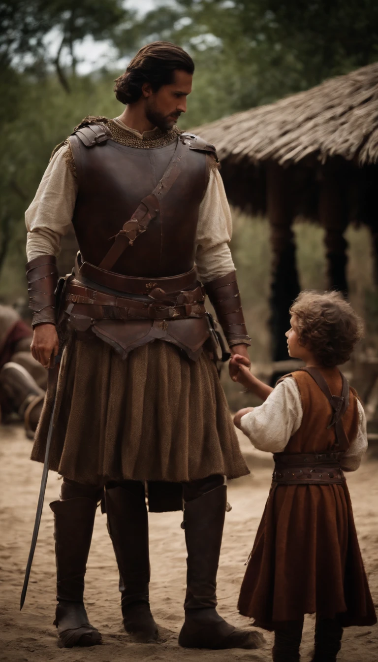 um fladiador com armadura. embraced with his wife and son. back view. ambiente escuro. Ancient times> They're up front.. vistão frontal