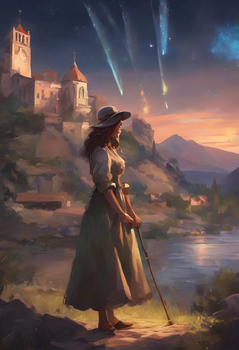 Shepherdess with a cane, mirando de frente, sonriendo, brazos abiertos, falda muy ornamentada, fondo muy detallado, cara guapa, obra maestra, calidad ultra, fuegos artificiales, pueblo, fiestas, Castellón de la Plana, pueblo rural de fondo, catedral de fondo, gente bailando de fondo, Cartel A2, estilo realista, graphic design, colores verdes, noche iluminada por fuegos artificiales, reflejos, fondo extremadamente detallado, mejor calidad, muy detallado, obra maestra