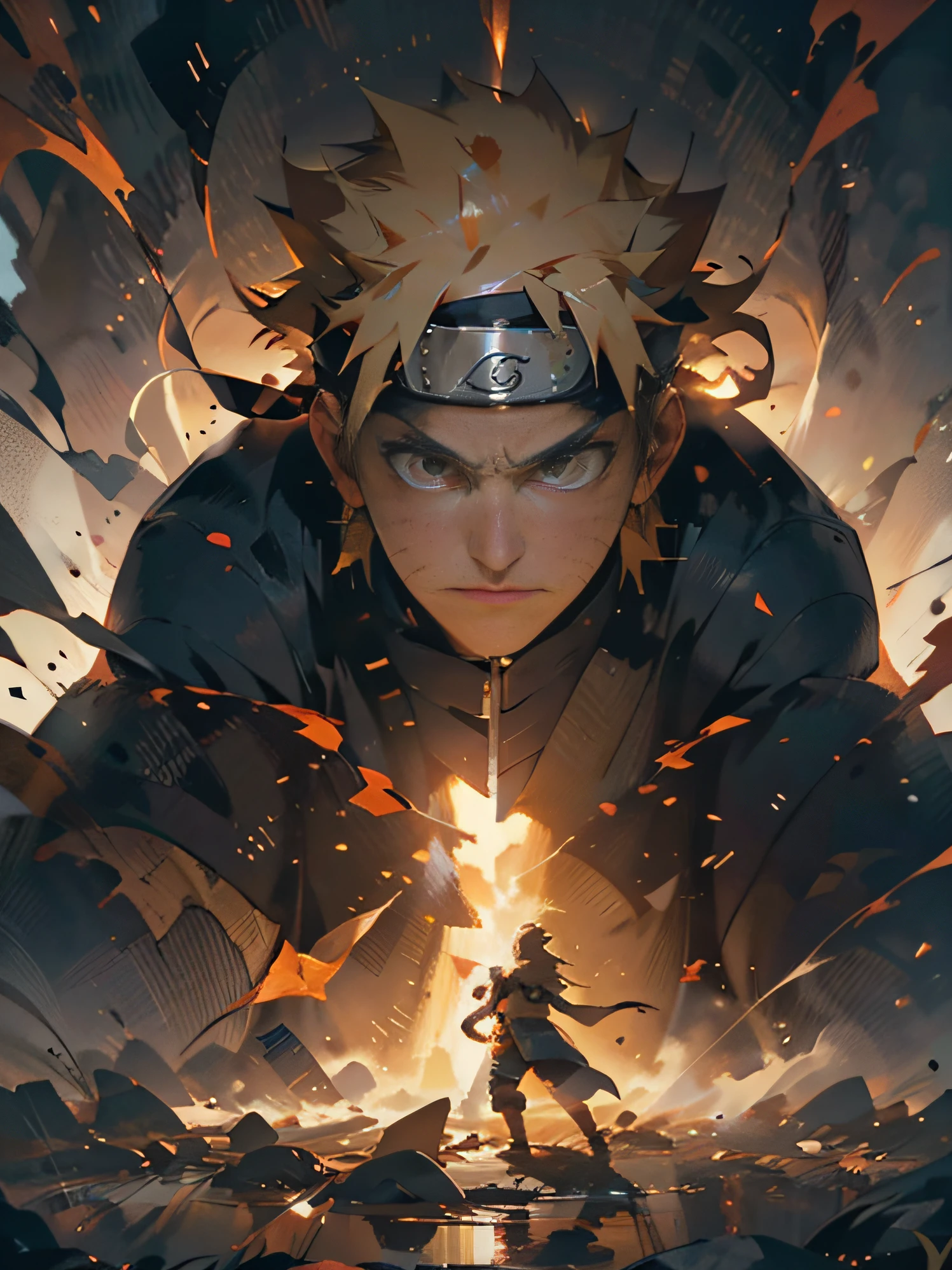 Year's on_oiled_Painting, Naruto Uzumaki，Epic battles，wrath
Cinematic lighting,Strong contrast,High level of detail,Best quality,巨作,White background,,