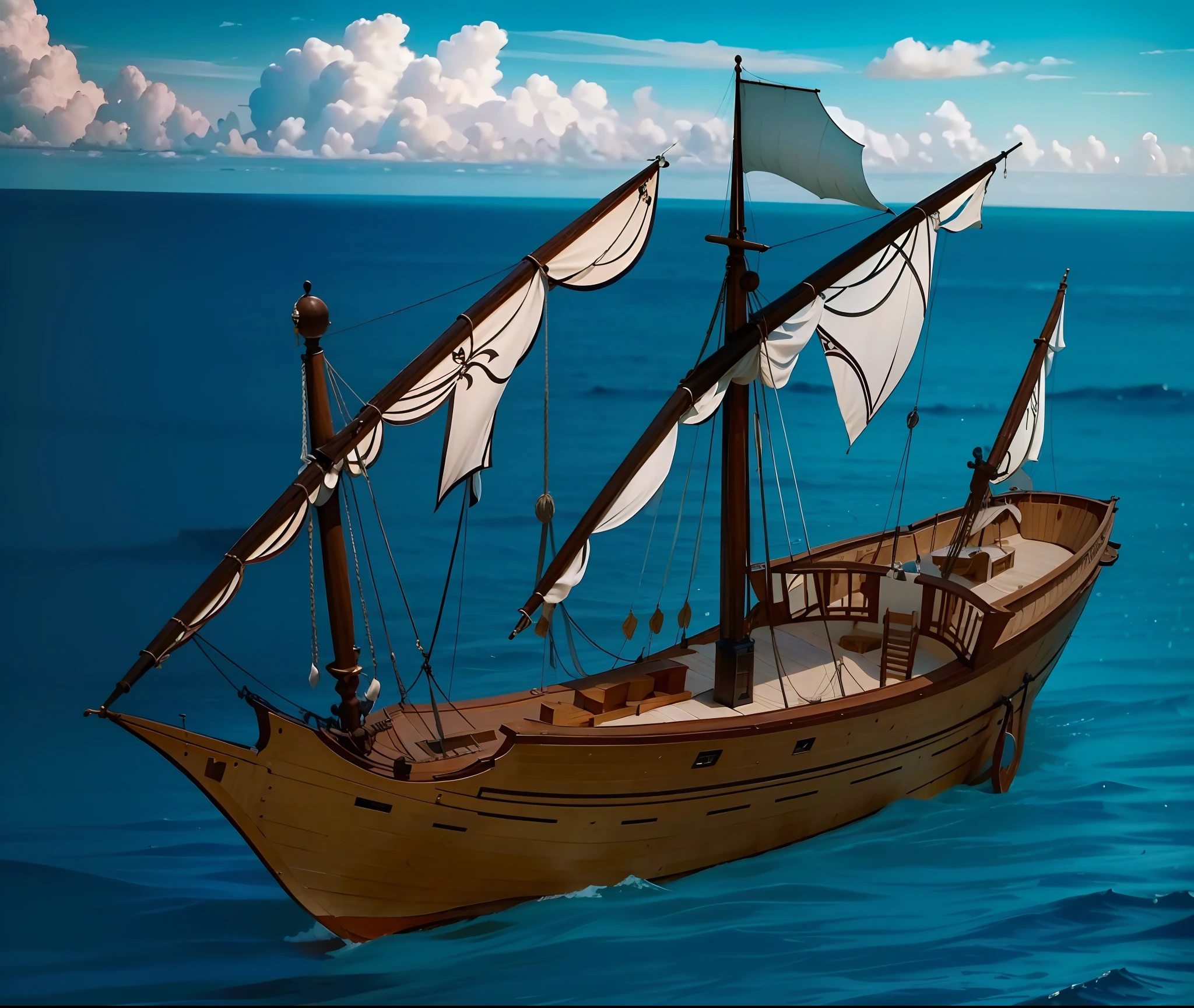 Show the whole and complete medium size caravel ship, the foresmast and the main mast and the aft mast, There are only three masts in total, Early 16th century, medium size and quite streamlined and quite narrow hull, The sails have several pieces, 42 feet long, 14 feet wide, 8 feet wide. The boat is characterized by being strong enough and maneuverability, small Spacious, 100 tons. The hull is low volume, The side of the ship is high