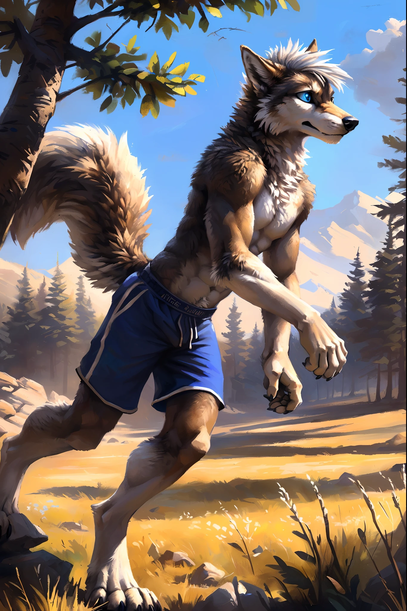 ((Solo)), male people, anthro wolf, (Multi-colored fur, White-brown:1.3，White tail pointed), ((Wolf face, White hair, Big eyes, White eyelids, Blue pupil, Slim:1.2) (Tough, Calm expression:1.2)), Abs, Slim, pinging)), (Correct anatomy), (Work shorts:1.1), The upper body is naked, (detailed outfits),A big tail，Feet，(Realistic fur, Detailed fur texture, labeled:1.3)), (Natural lighting), Photorealistic, Hyperrealistic, ultradetailed, by Kenket，Endless grasslands，There are no trees，There are no big stones，No artificiality，erect through，Running on