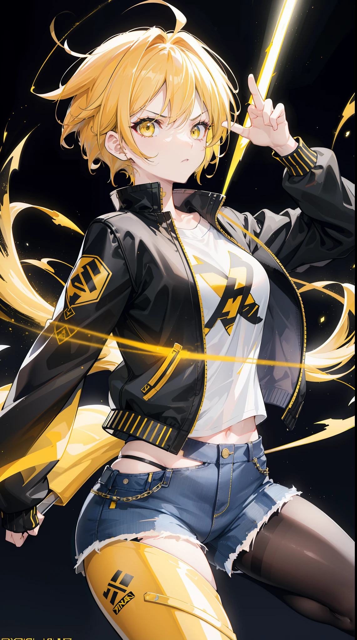 Woman, fight pose, Baddas stare,Hold a yellow sword with a yellow lightning emblem, yellow short wispy Pixie hair, yellow eyes, yellow short shirt, black hotpants jeans, black Jacket sweater ,In the middle of the shirt there is an omega symbol,HD lighting and dark )<=(epic image quality)dark atmosphere with bright particle light(many effects in background)
