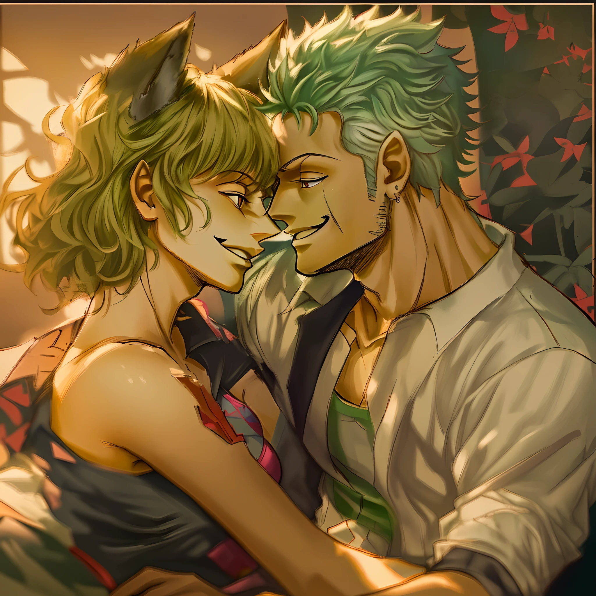 neferpitou,zoro,couple,husband and wife,love dovey couple,sitting,hug,kiss,smile,masterpiece:1.2,ultra-detailed,realistic:1.37,portraits,vivid colors,warm tones,soft lighting, one piene, hunterxhuntet, catgirl